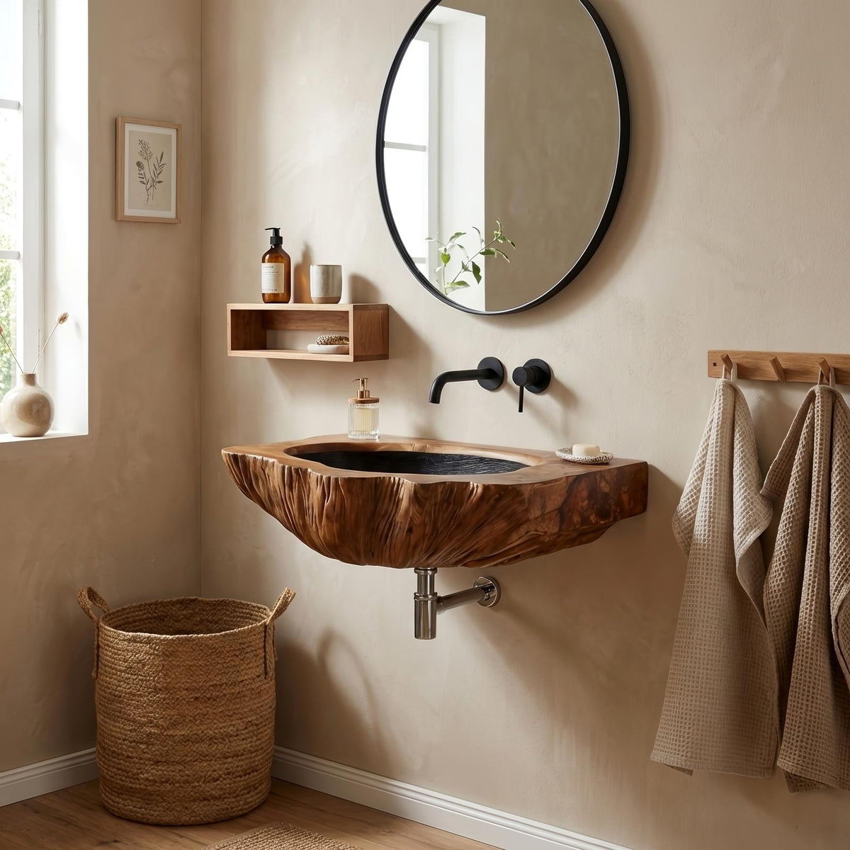 Mid Century Wall Mounted Wooden Bathroom Sink Vanity, Handcrafted Rustic Solid Wood Floating Wash Basin