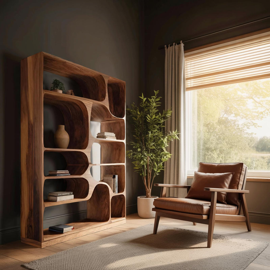 Artistic Wood Bookcase, Handcrafted Sculptural Bookshelf with Open Shelving for Living Room, Bedroom & Office