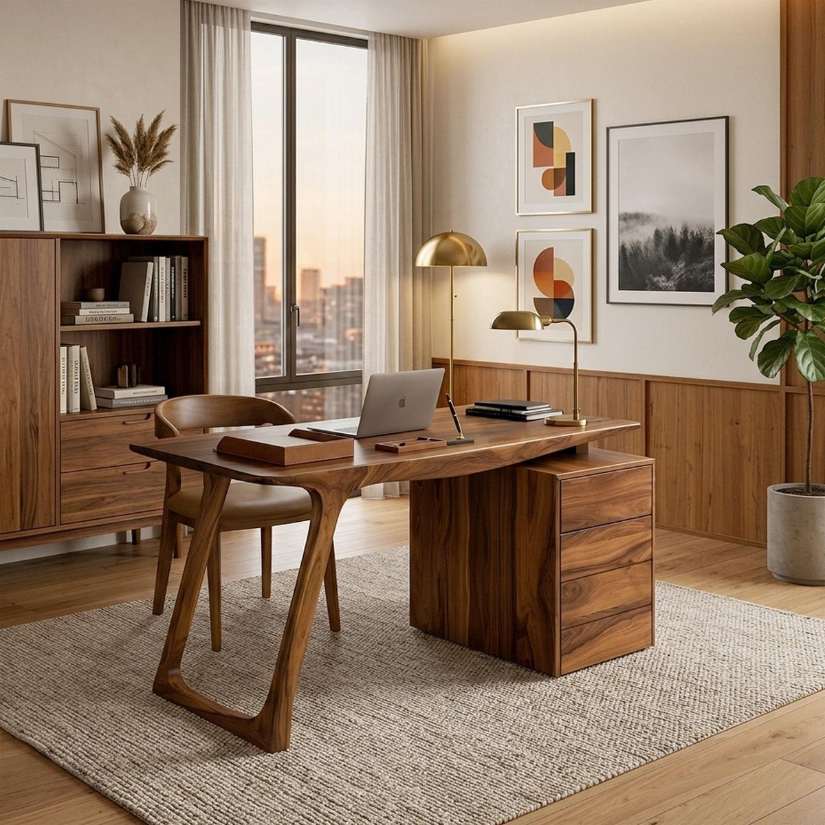 Contemporary Live Edge Office Desk With Storage Cabinet For Workspace