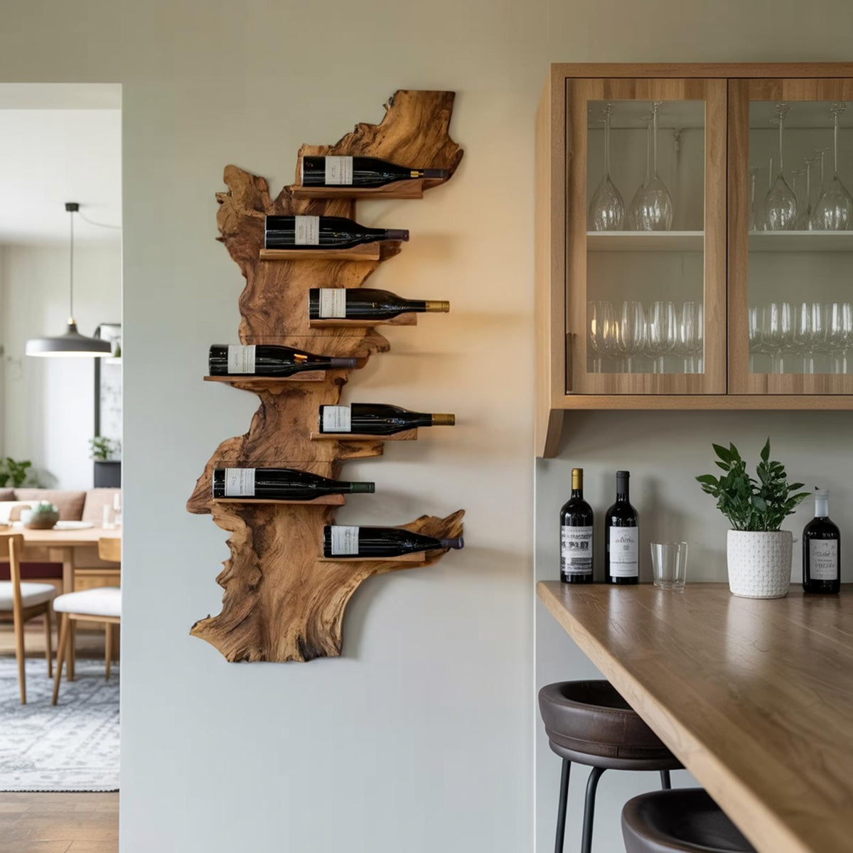 Modern Live Edge Wooden Wine Holder, Handcrafted Solid Wood Bottle Rack for Living Room Decor