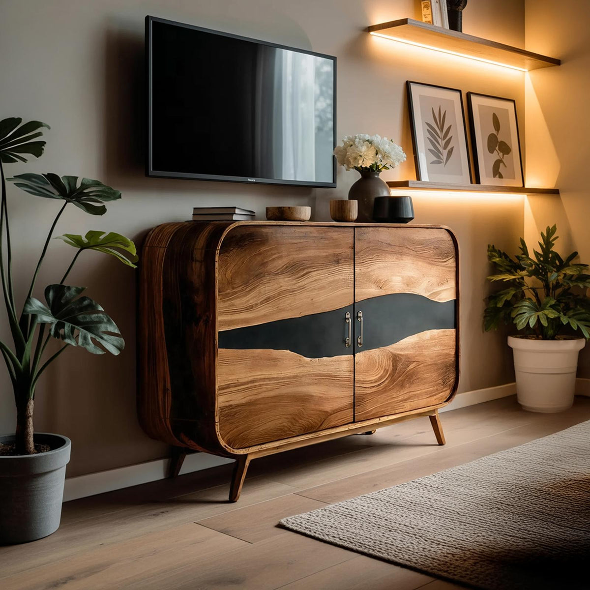 Spry Interior Farmhouse Live Edge Wooden Media Console, Solid Wood TV Stand & Entertainment Center for Entryway & Living Room, SILDTTNTVC115