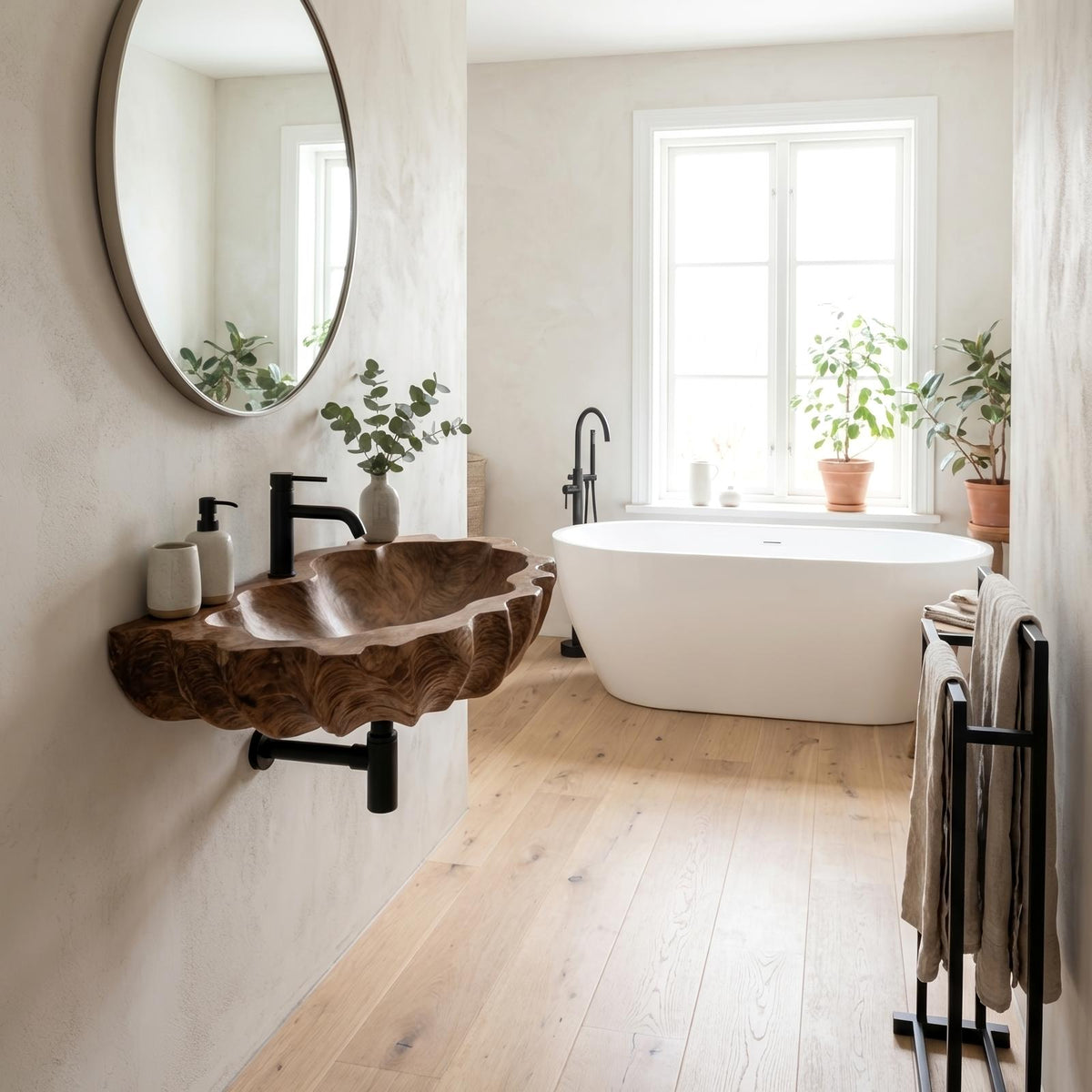 Mid Century Live Edge Wooden Vessel Sink, Natural Solid Wood Wash Basin for Bathroom & Vanity Decor