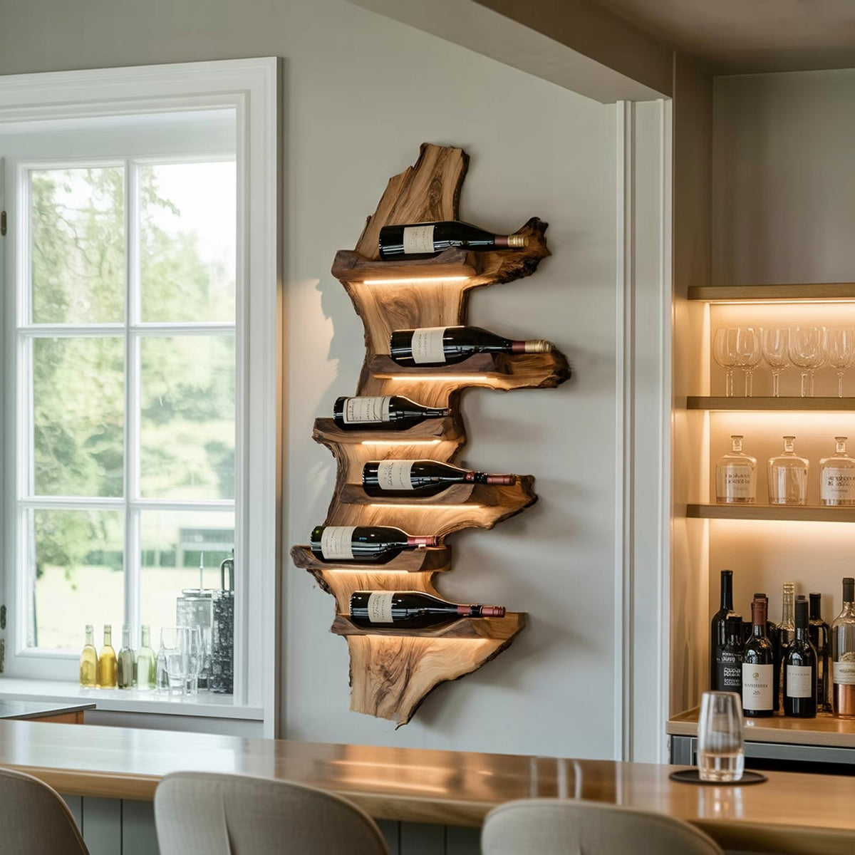 Farmhouse Live Edge Wooden Wine Holder, Rustic Solid Wood Bottle Storage Stand for Entryway Decor
