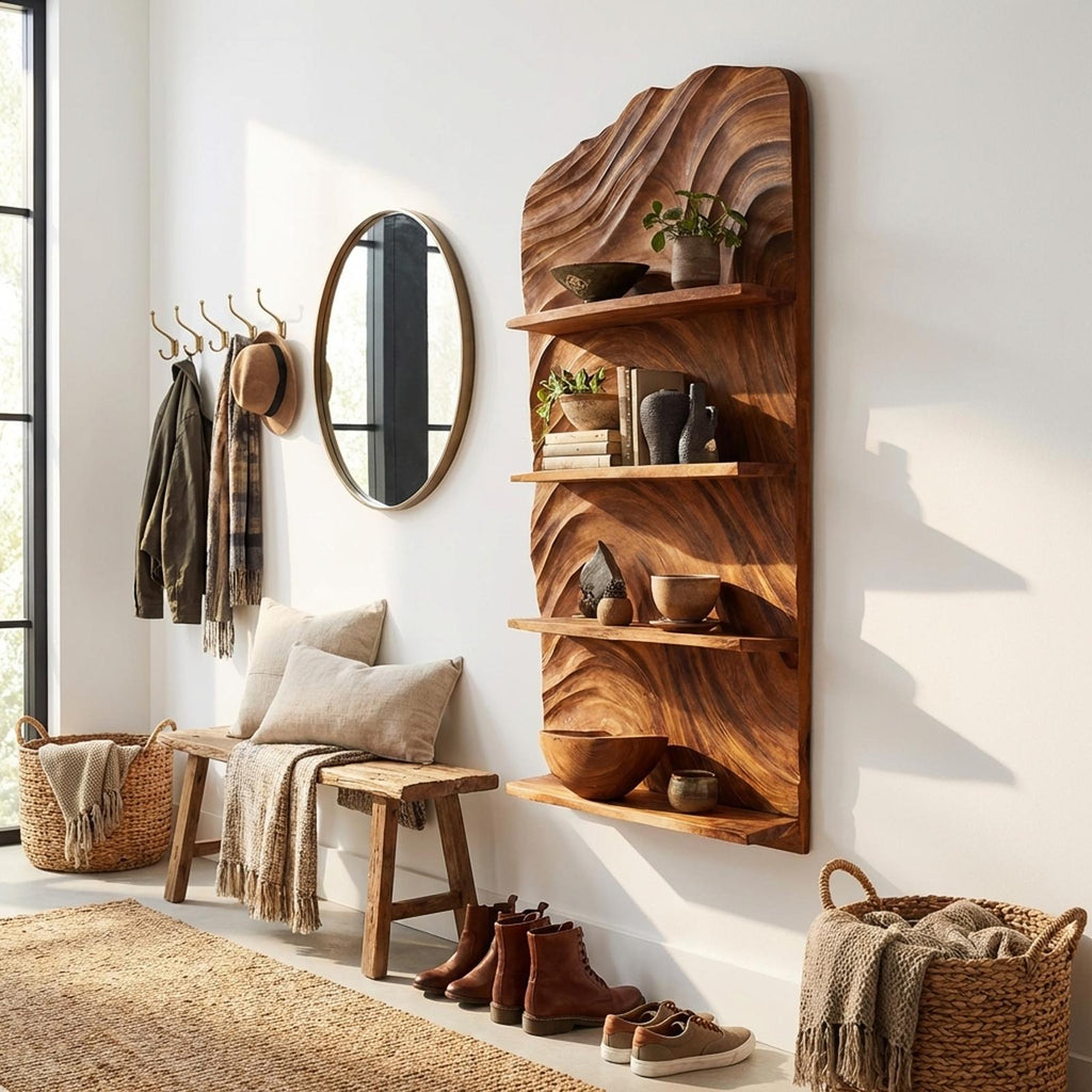 Rustic Handcrafted Wooden Wall Rack, Floating Entryway Storage Organizer & Coat Key Holder Shelf
