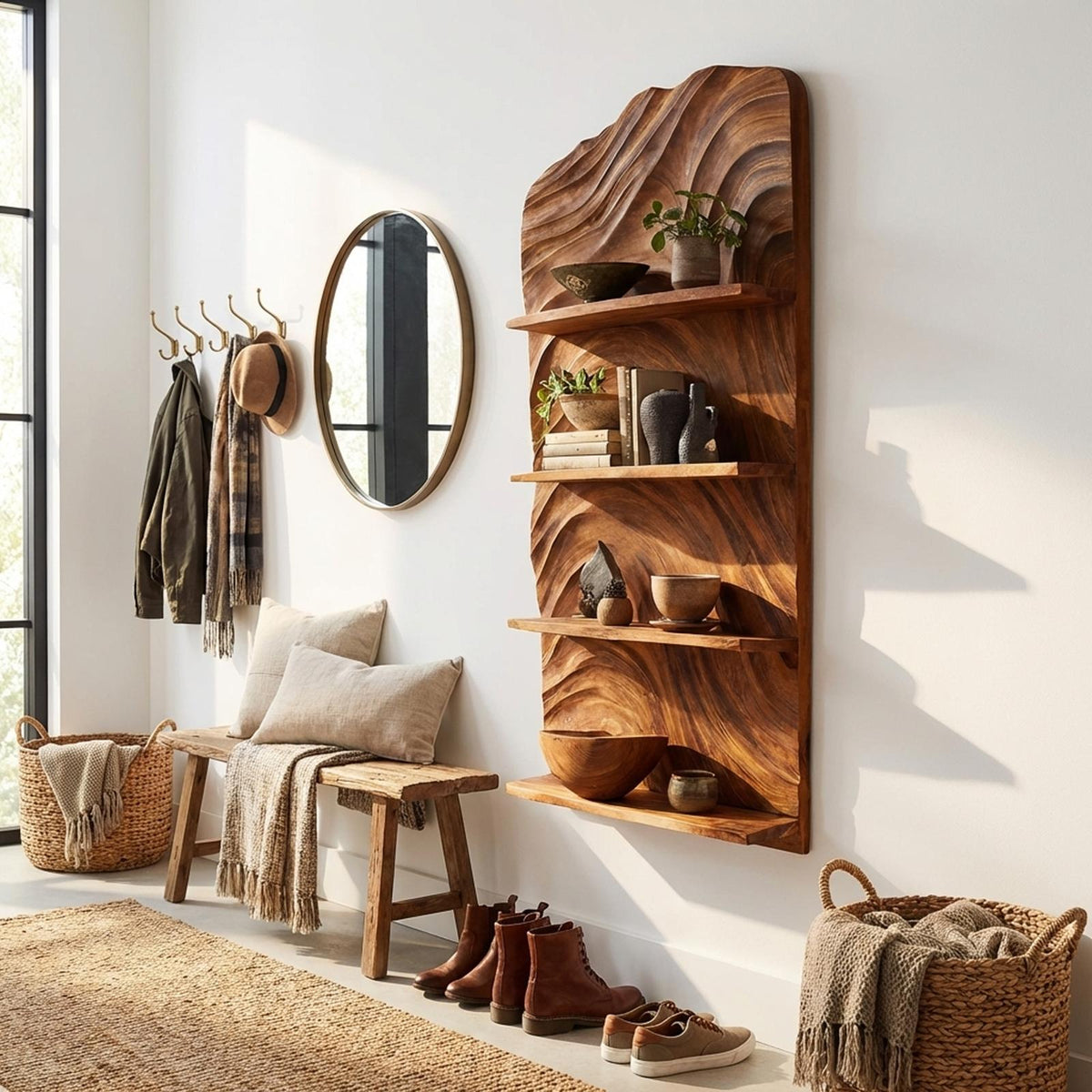 Rustic Handcrafted Wooden Wall Rack, Floating Entryway Storage Organizer & Coat Key Holder Shelf