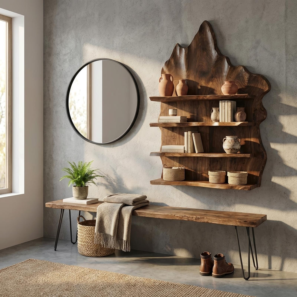 Industrial Live Edge Floating Shelf, Rustic Solid Wood Wall Mounted Storage Rack for Living Room
