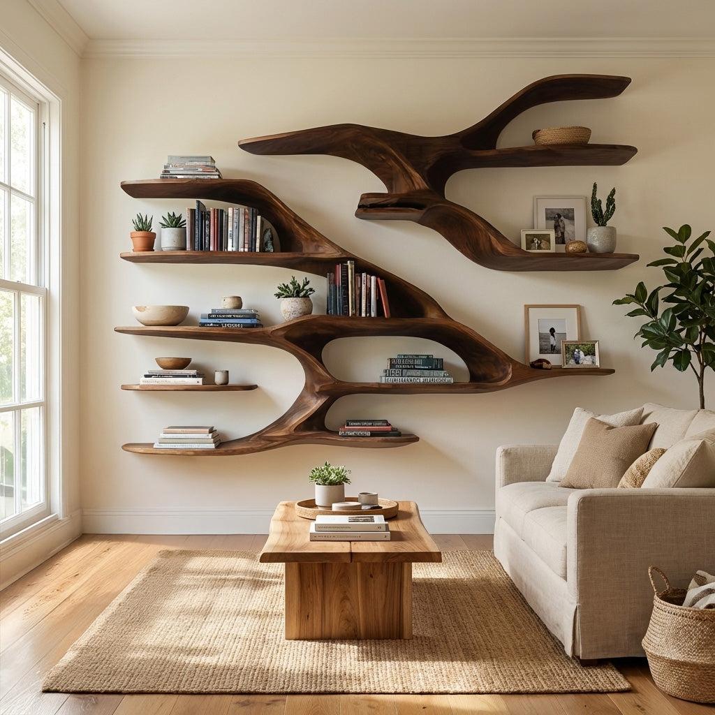 Contemporary Wooden Wall Floating Shelf, Handcrafted Solid Wood Display Ledge for Modern Living Room