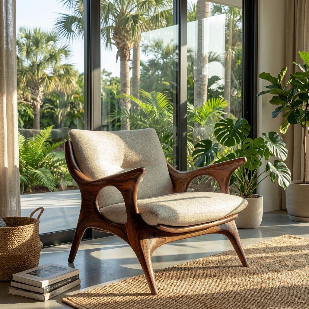 Minimalist Wooden Lounge Chair, Mid-Century Modern Solid Wood Accent Armchair for Living Room Interior, Model