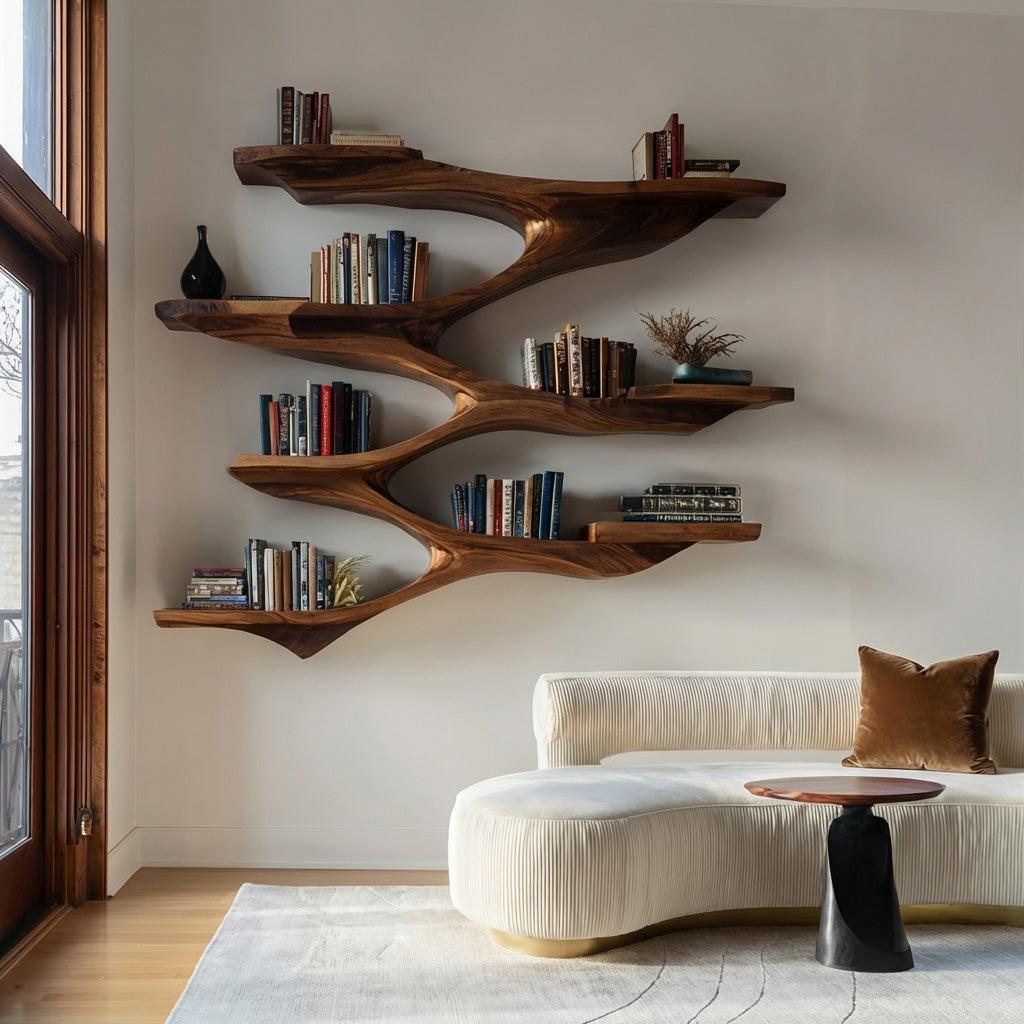 Mid Century Wooden Wall Floating Shelf, Handcrafted Solid Wood Storage Shelf for Living Room