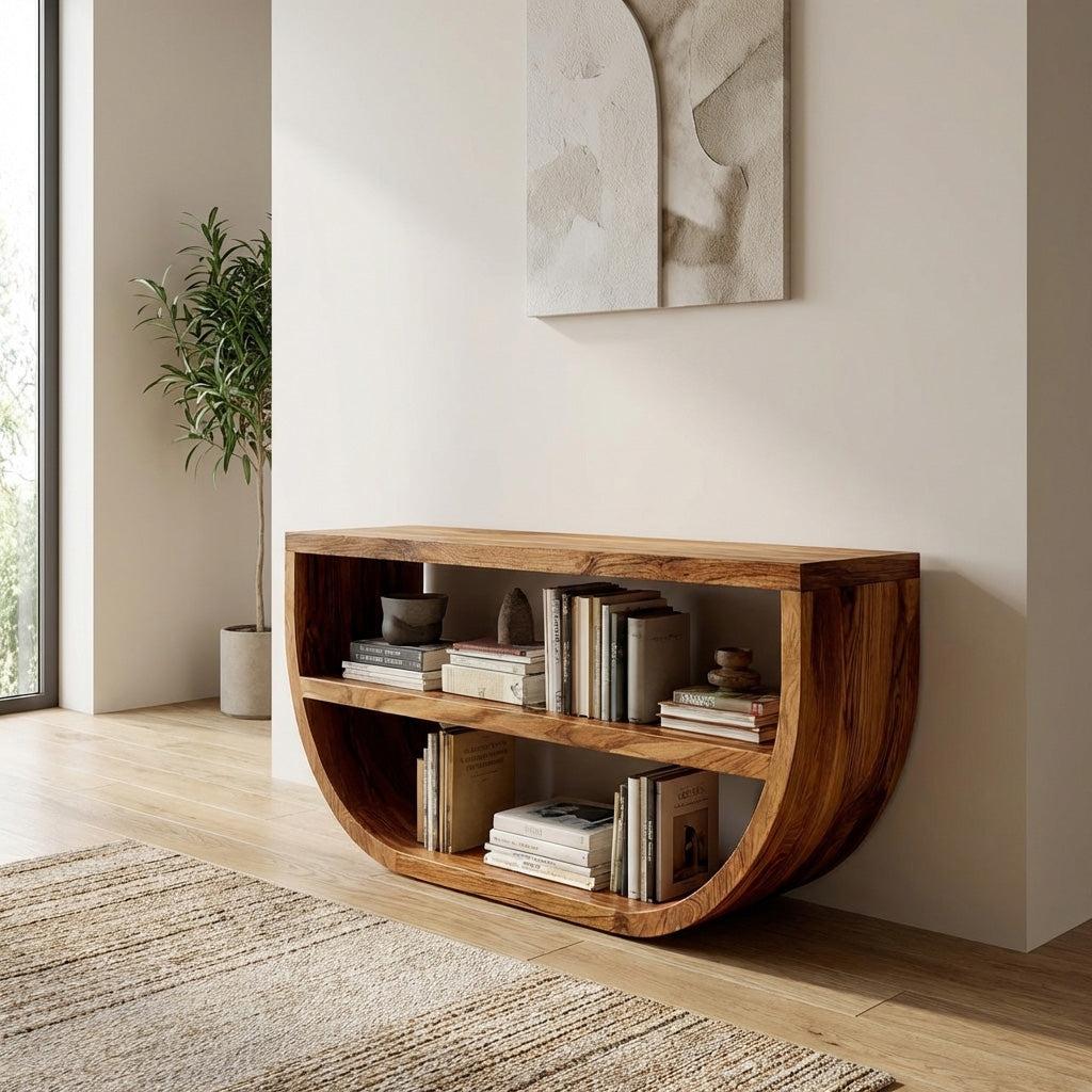 Organic Wooden Console Table With Storage For Living Room