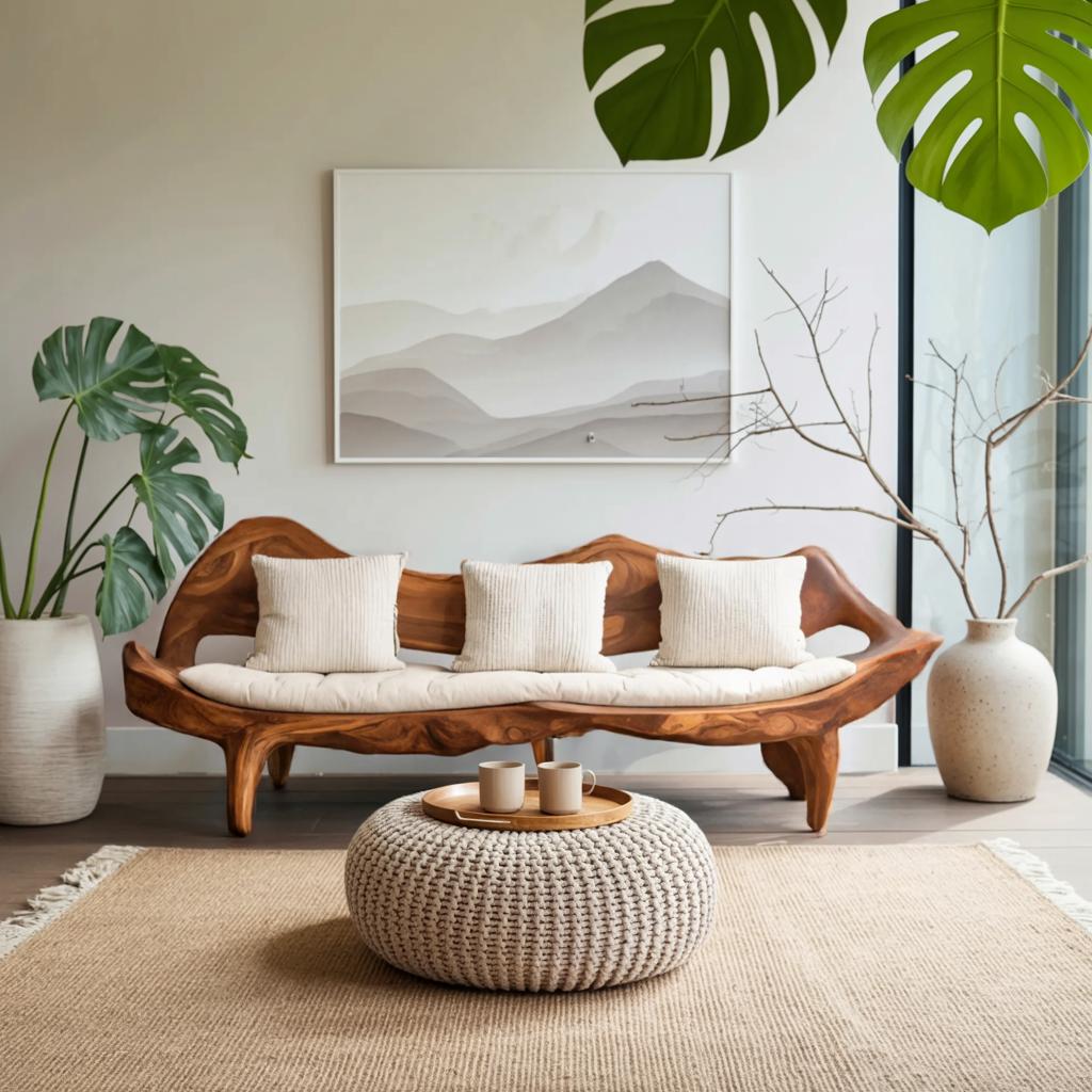 Modern Sofa with Sculptural Wood Frame, Elegant Solid Wood Couch for Living Room, Foyer & Lounge Areas, Model
