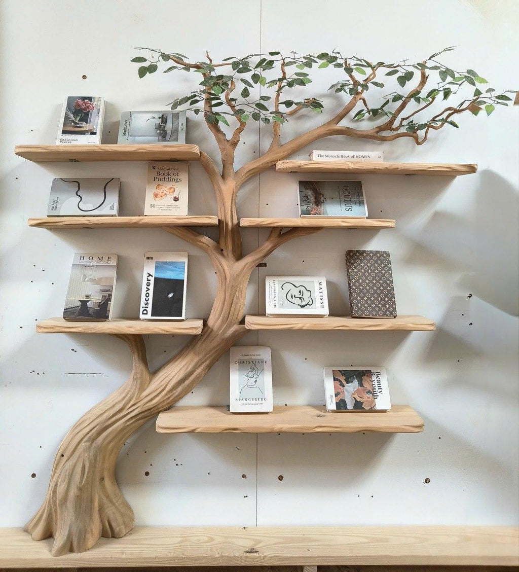 Rustic Organic Wood Tree Bookshelf, Handcrafted Wall Mounted Floating Branch Bookcase Wall Art Decor for Home