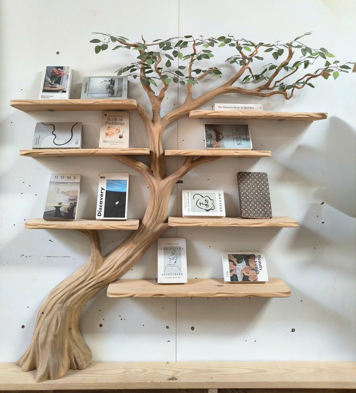 Rustic Organic Wood Tree Bookshelf, Handcrafted Wall Mounted Floating Branch Bookcase Wall Art Decor for Home