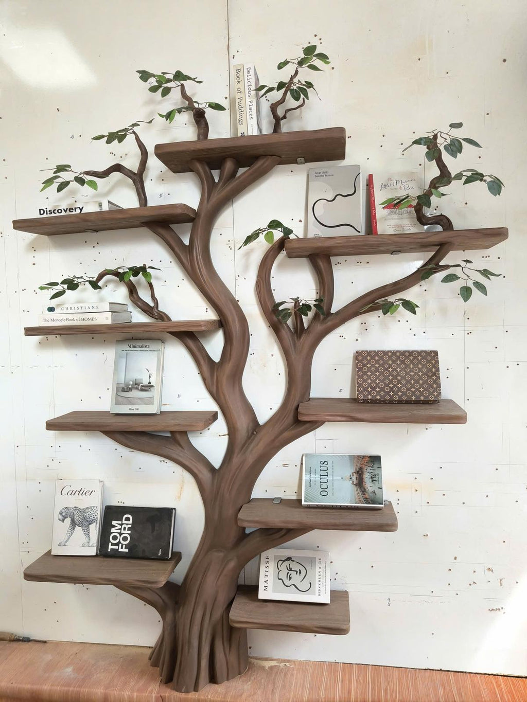 Sculptural Solid Wood Tree Bookshelf, Architectural Wall Floating Branch Display Bookcase for Living Room Art