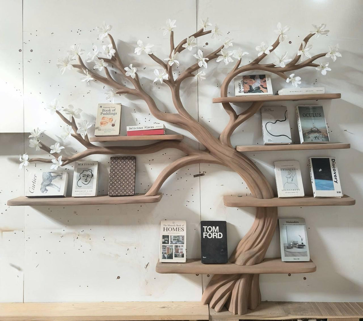 Organic Modern Sculptural Tree Bookshelf, Handcrafted Wood Floating Branch Bookcase Wall Display for Home Interior