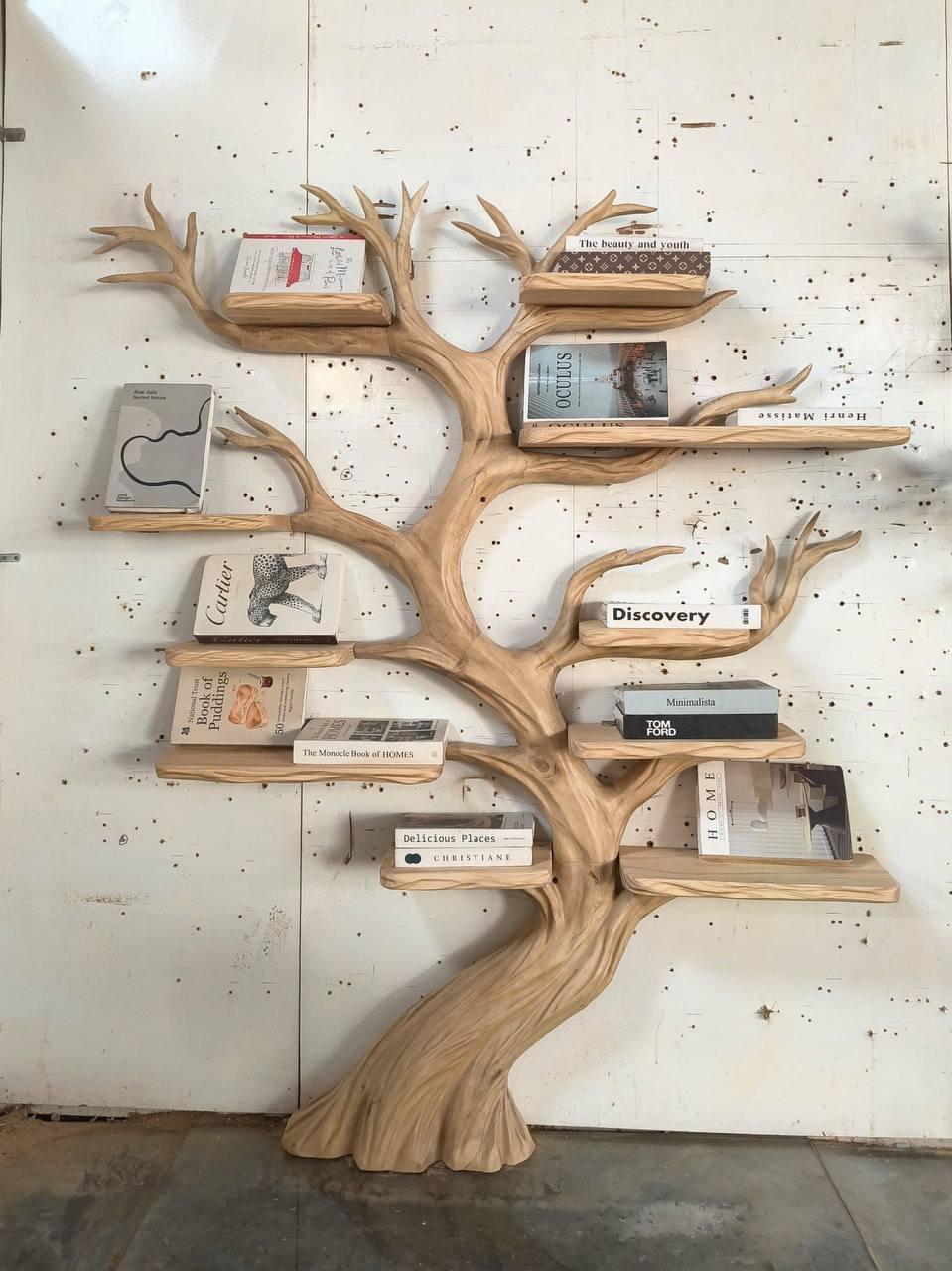 Rustic Hand Carved Tree Bookshelf Artistic Storage For Living Room