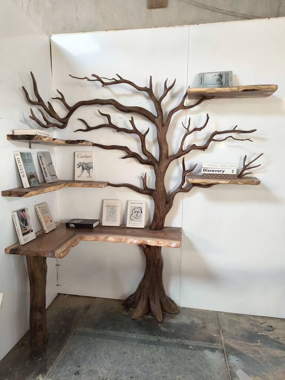 Spry Interior Rustic Sculptural Tree Bookshelf with Corner Bench, Wood Branch Shelf with Integrated Entryway & Foyer Seating, SINLKITB654