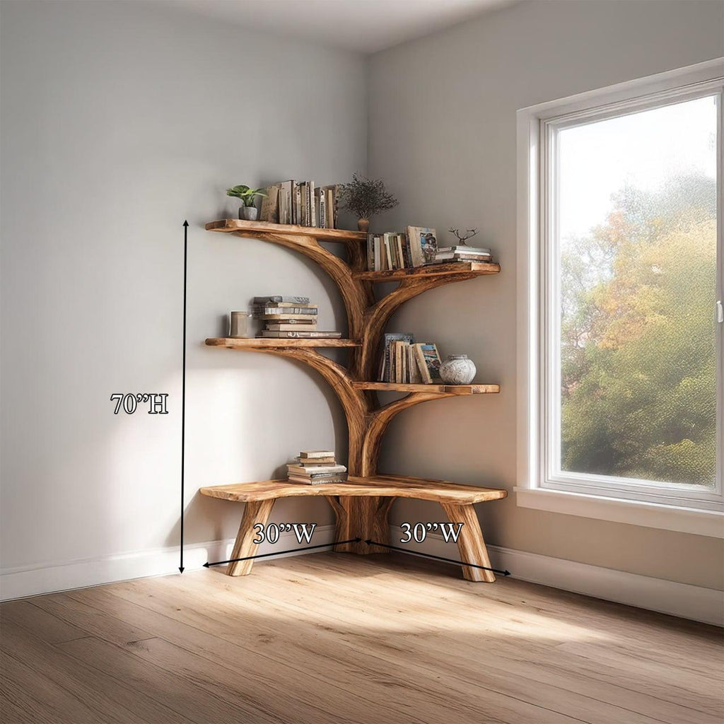 Rustic Tree Corner Bookshelf Bench Living Room SINLSATB229