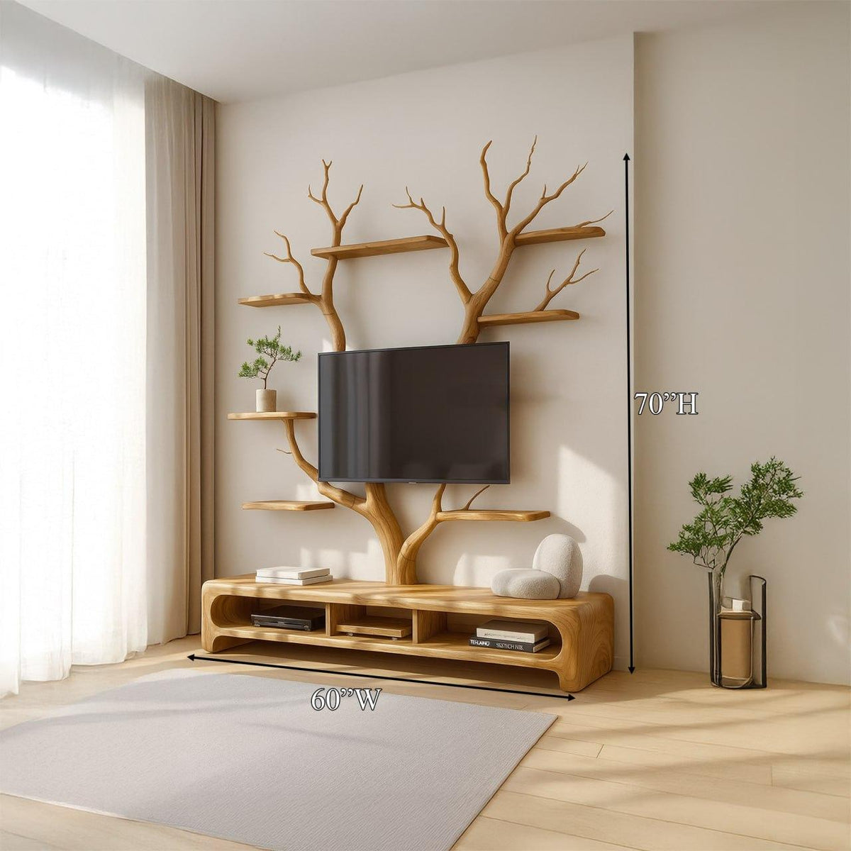 Rustic TV Stand Tree Shelf Living