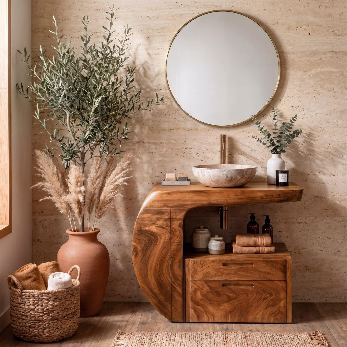 Spry Interior Modern Organic Wooden Bathroom Vanity with Storage Cabinet, Handcrafted Natural Wood Sink Console for Powder Room, SINLKIBRV303