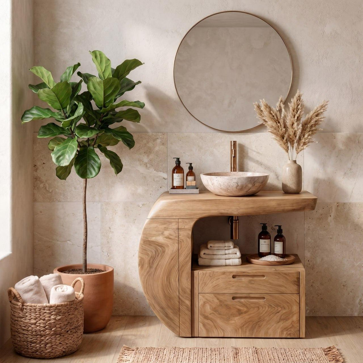 Spry Interior Modern Organic Wooden Bathroom Vanity with Storage Cabinet, Handcrafted Natural Wood Sink Console for Powder Room, SINLKIBRV303