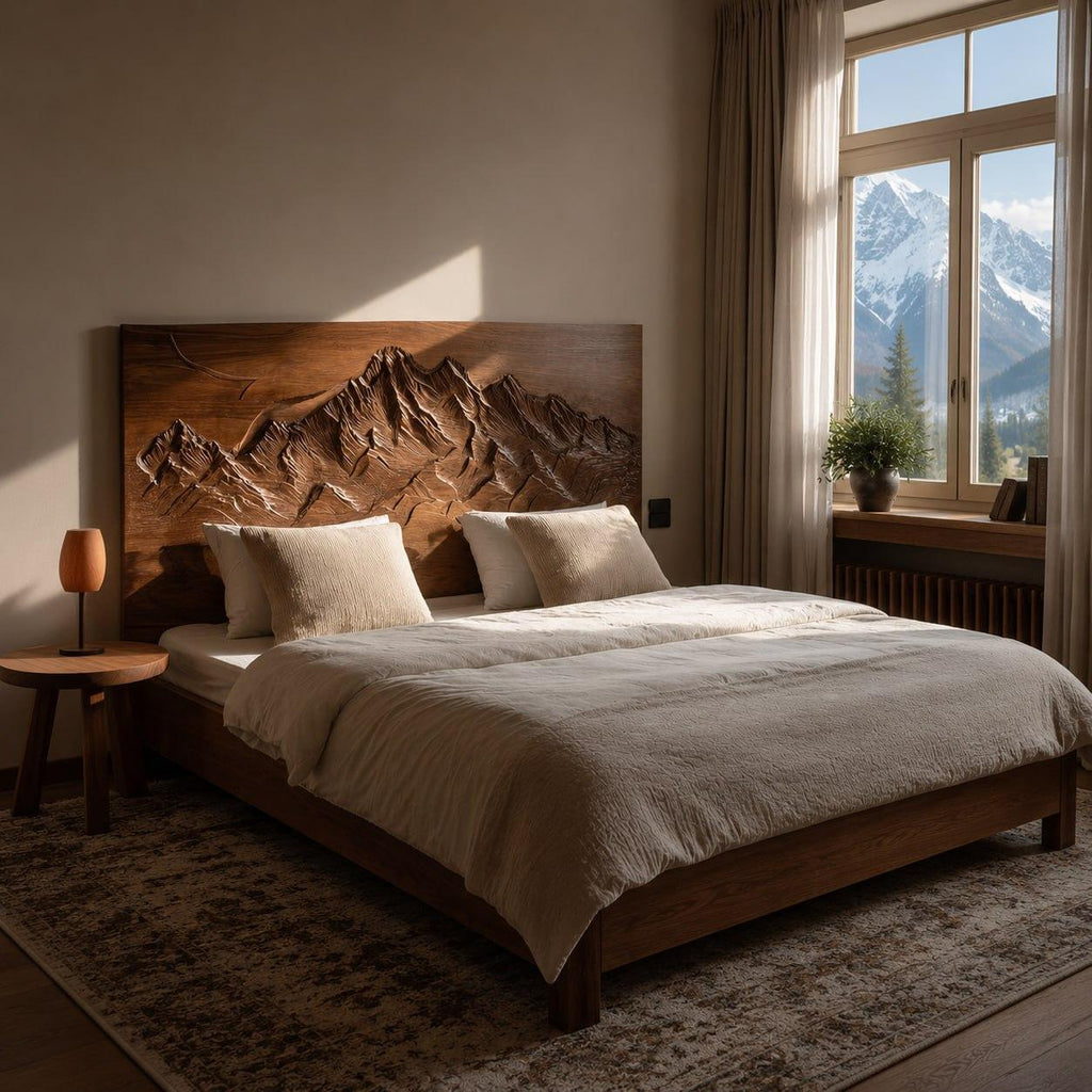 Rustic Mountain Headboard And Bed Frame For Bedroom Or Chalet SITHHNWO007