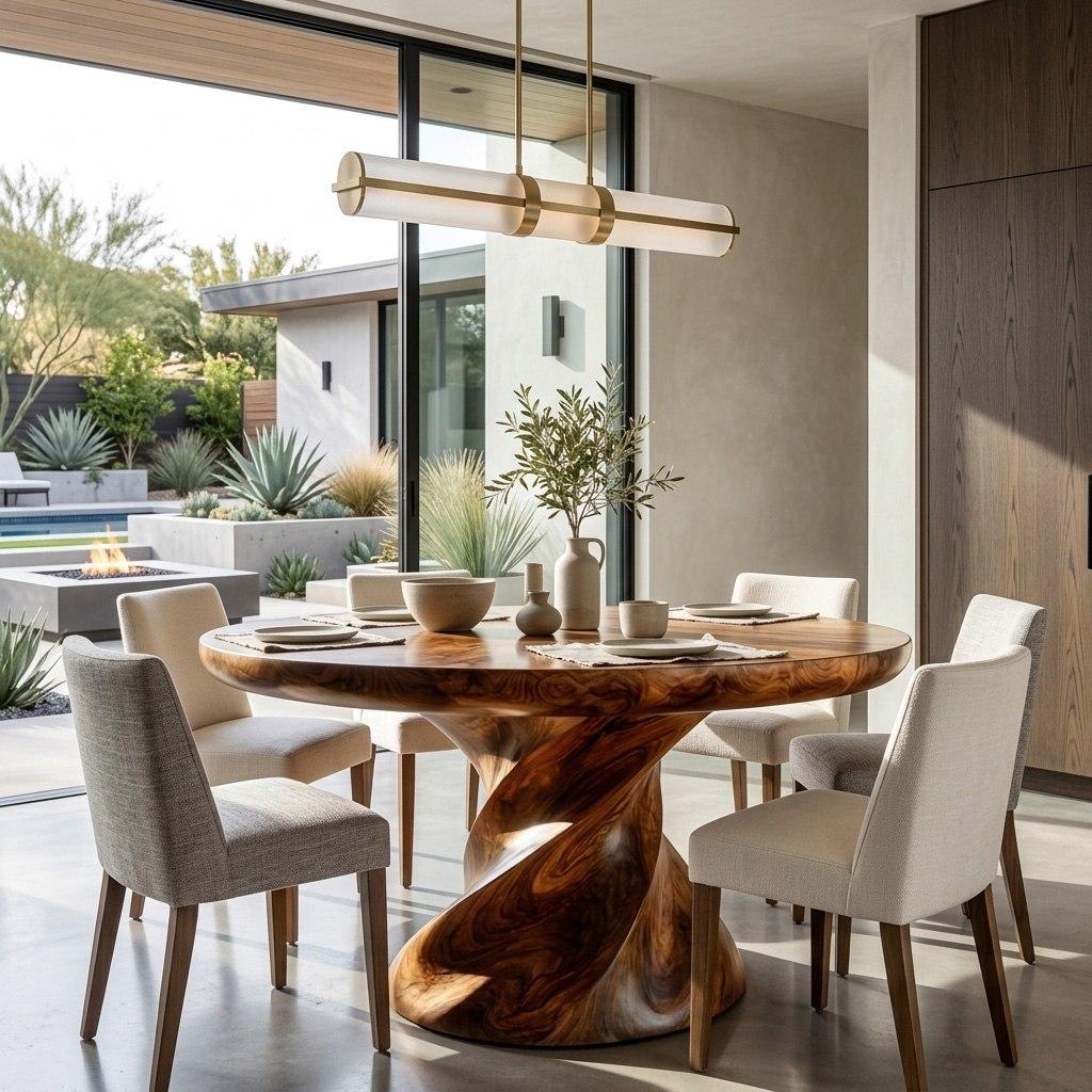 Spry Interior Contemporary Round Wood Dining Table with Twisted Sculptural Base, Modern Circular Kitchen Table, Natural Finish, RTTHHNDN062