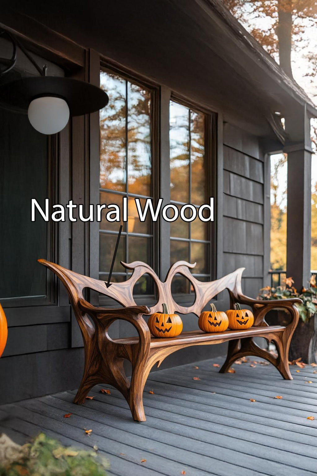 Spry Interior Farmhouse Halloween Wooden Patio Chair, Festive Outdoor Porch Seating, Gothic Carved Wood Holiday Accent Chair, SILDTTNHOB033
