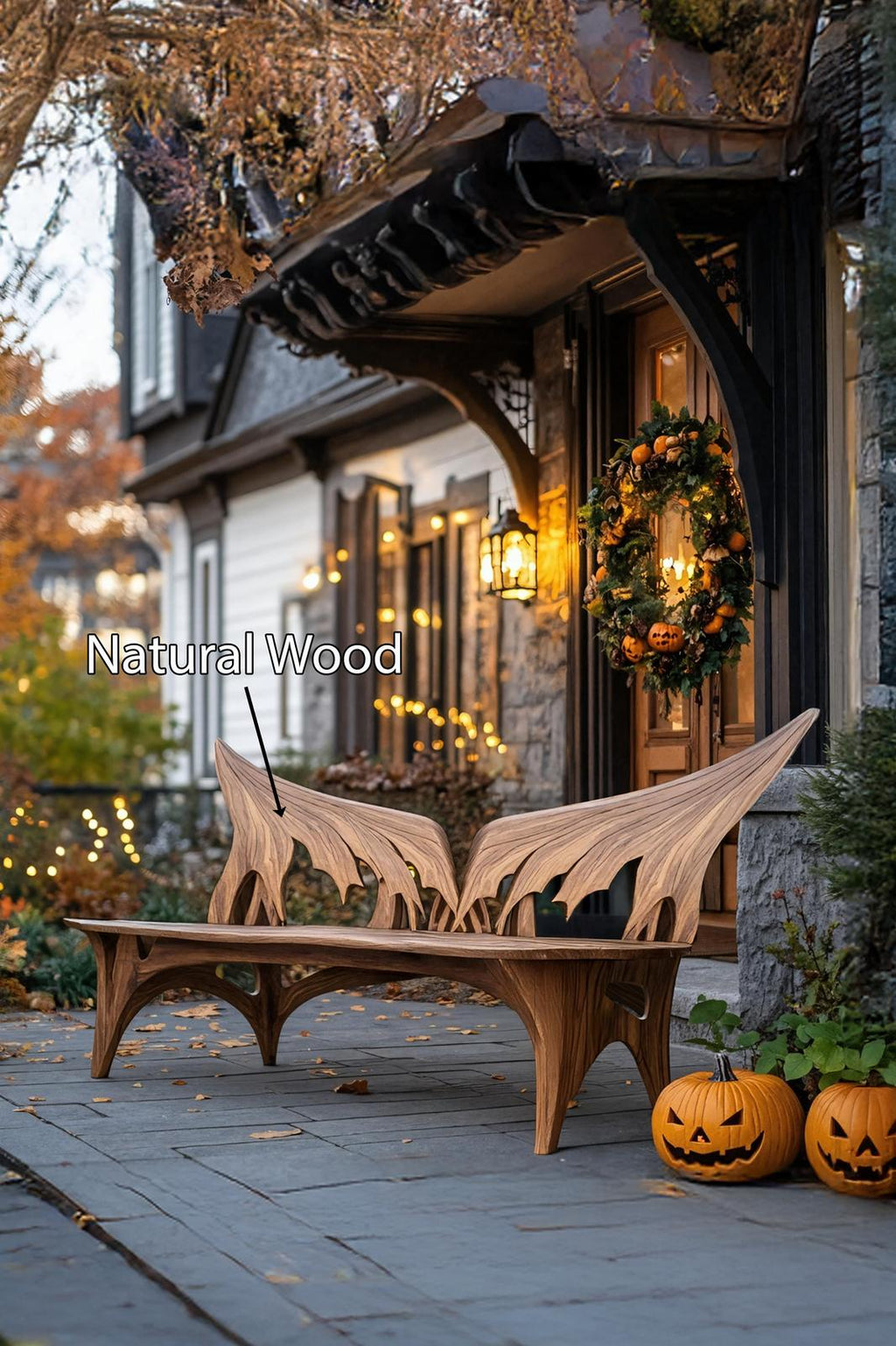 Spry Interior Rustic Wood Halloween Patio Chair, Spooky Carved Wooden Porch Rocker, Gothic Accent Armchair, Outdoor Decor, SILDTTNHOB019