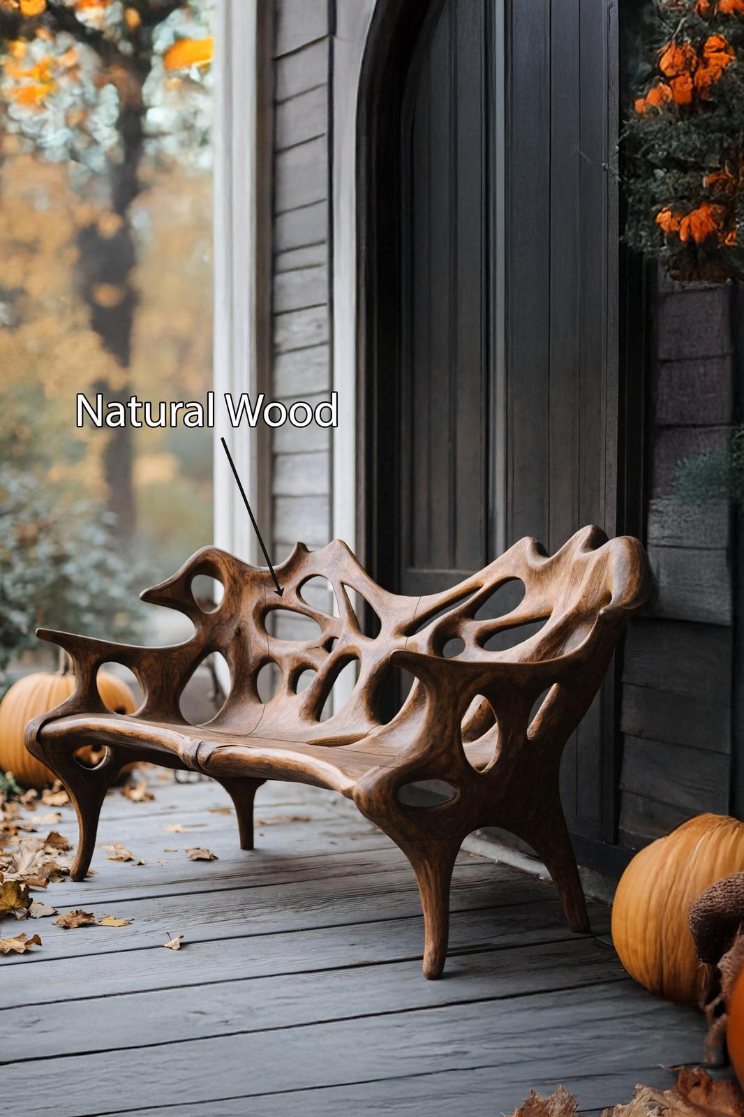 Spry Interior Handcrafted Solid Wood Halloween Bench, Festive Spooky Outdoor Garden Party Bench, Gothic Carved Wood Porch Seat, SILDTTNHOB007