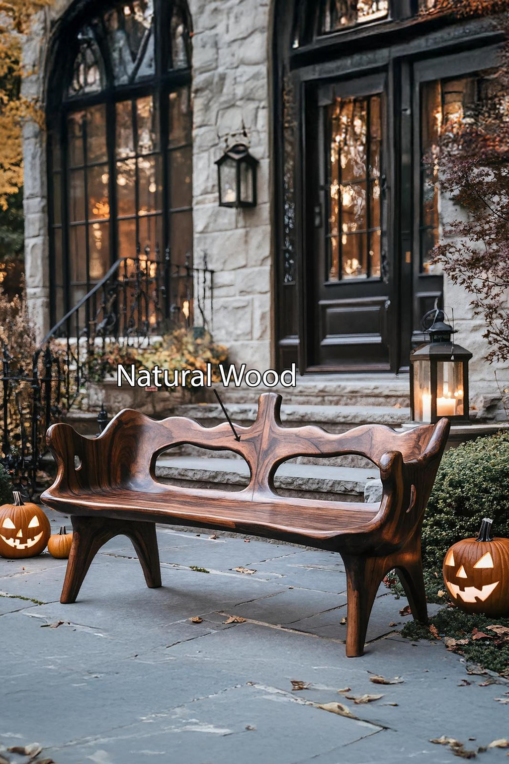 Spry Interior Rustic Wood Halloween Patio Chair, Spooky Carved Gothic Armchair for Porch, Outdoor Festive Holiday Party Seating, SILDTTNHOB009
