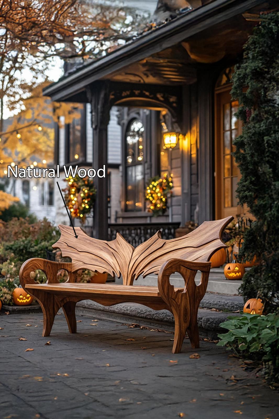 Spry Interior Farmhouse Solid Wood Halloween Bench, Festive Spooky Outdoor Garden Patio Bench, Gothic Carved Porch Seat Furniture, SILDTTNHOB017