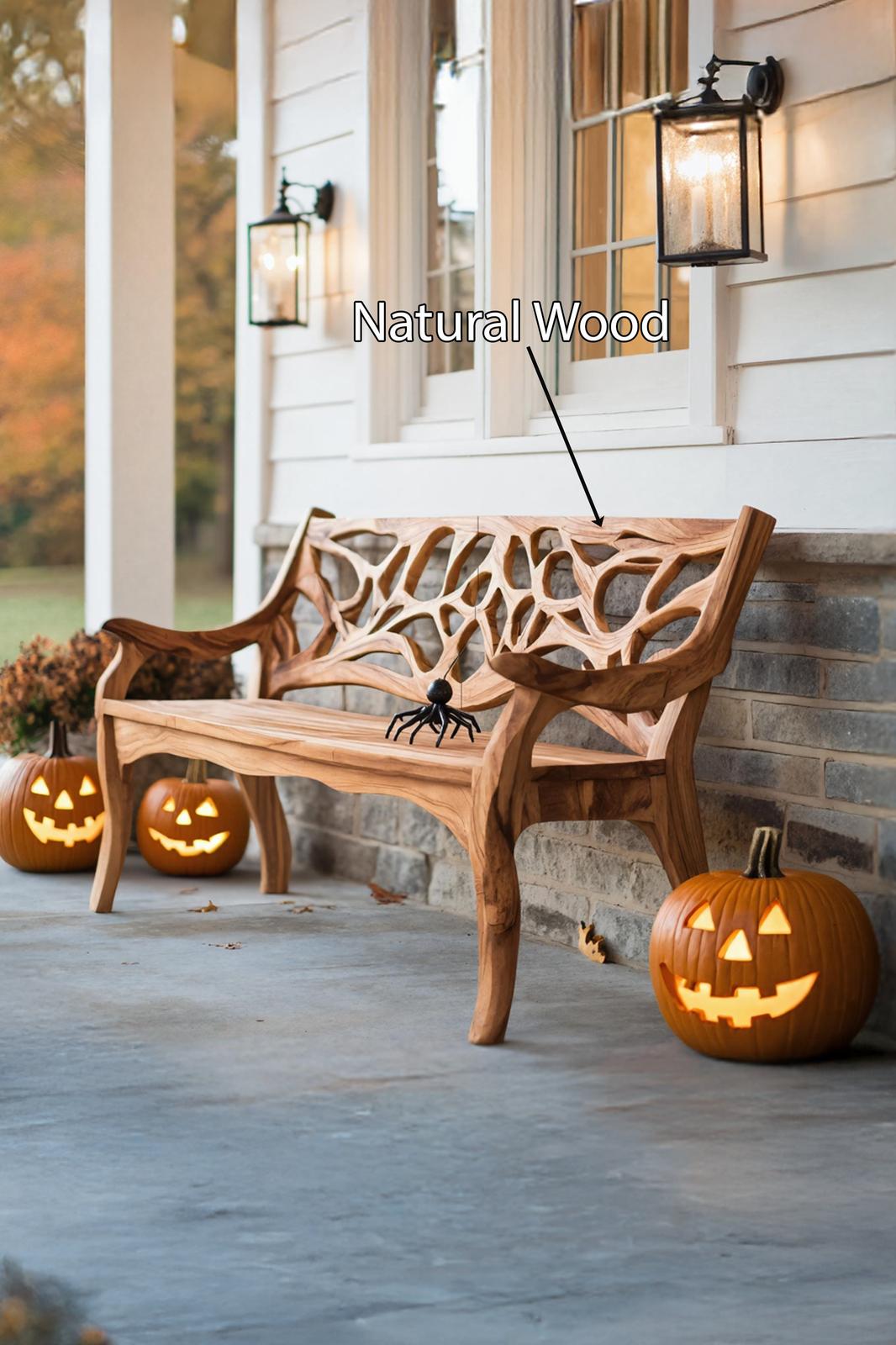 Spry Interior Handcrafted Solid Wood Halloween Bench, Spooky Carved Outdoor Garden Bench, Gothic Porch Seating, Holiday Decor, SILDTTNHOB035