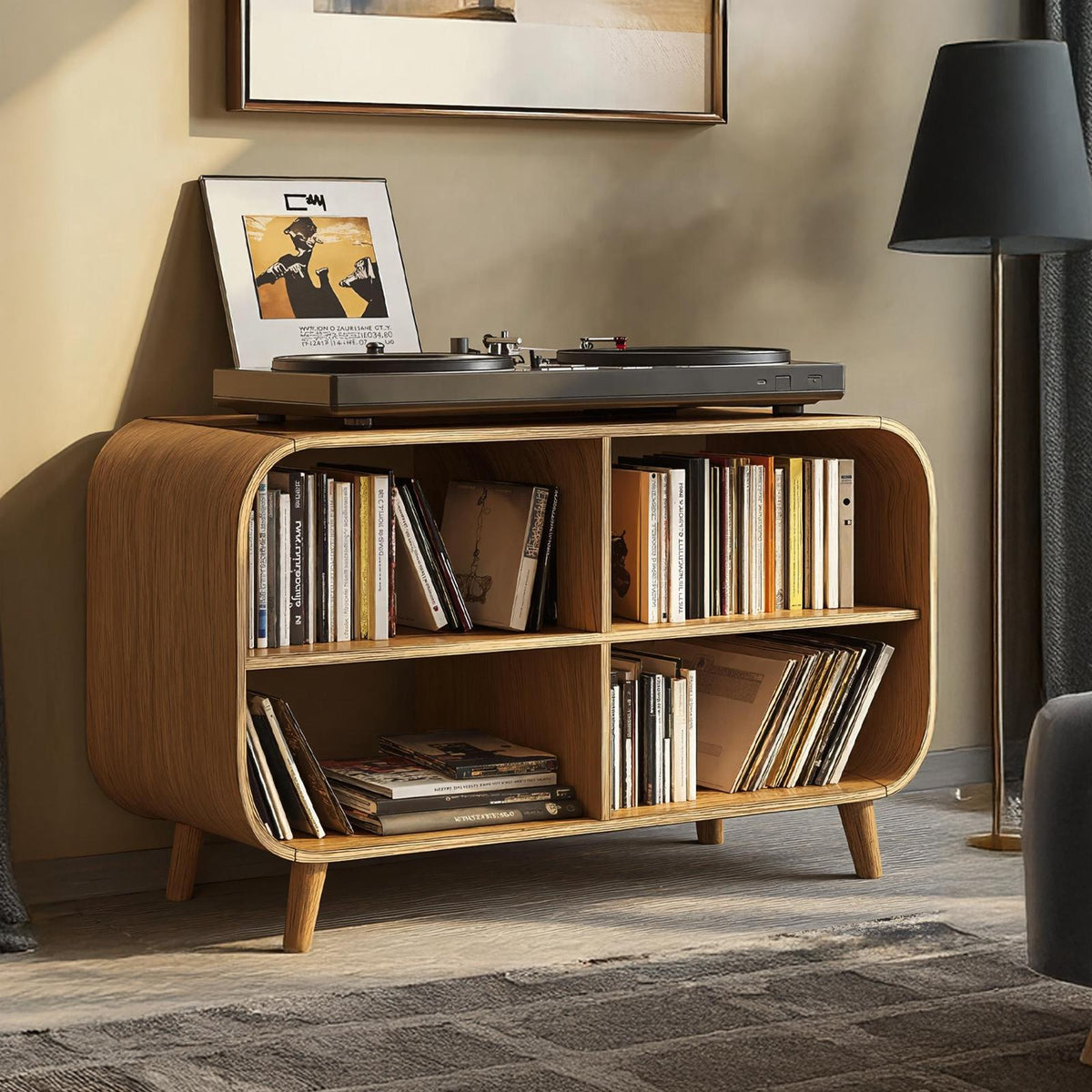 Mid Century Vinyl Record Storage Stand For Entryway Design