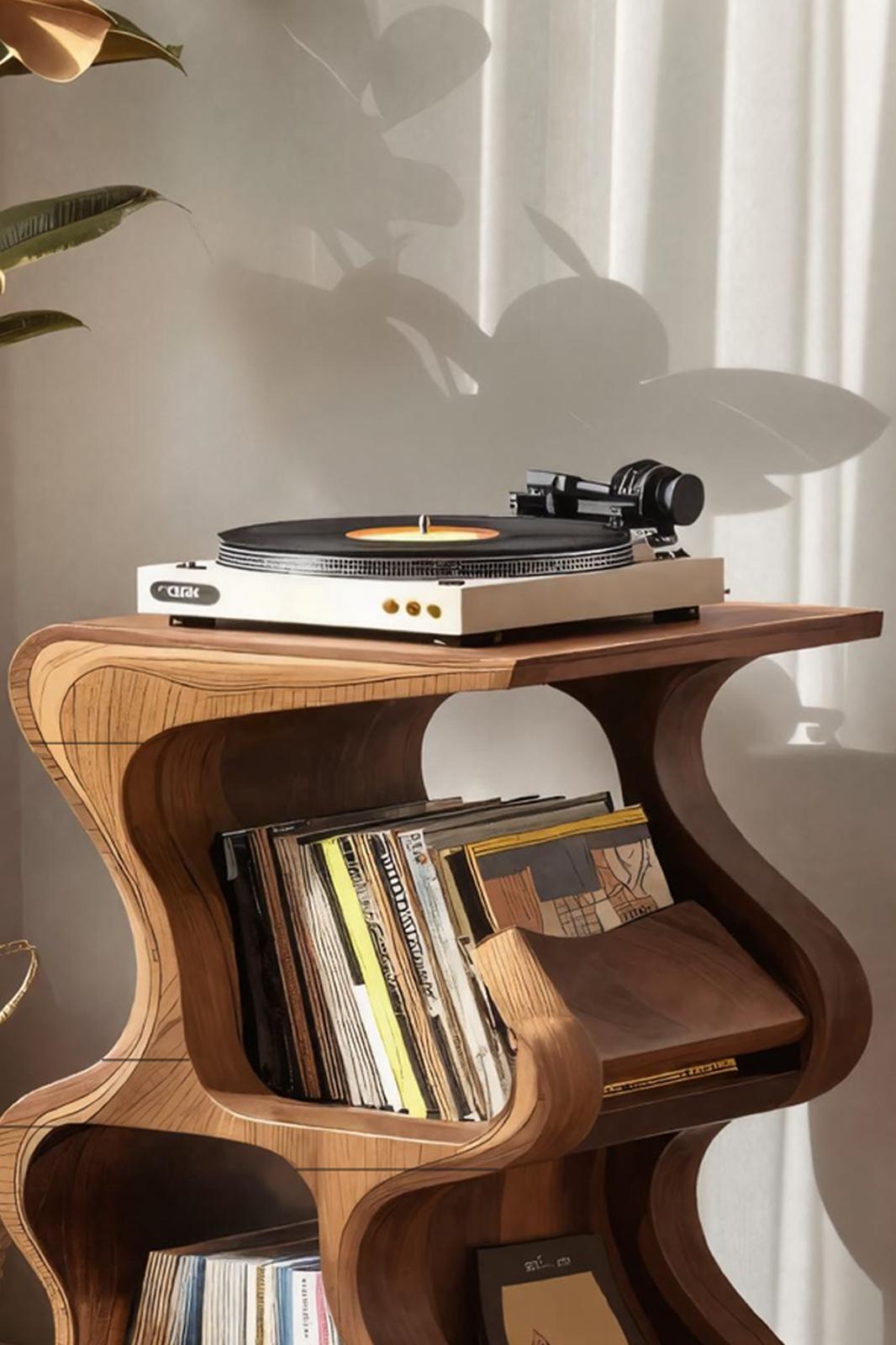 Handcrafted Solid Wood Vinyl Record Storage Console, Retro Media Cabinet & Sideboard for Living Room or Bedroom