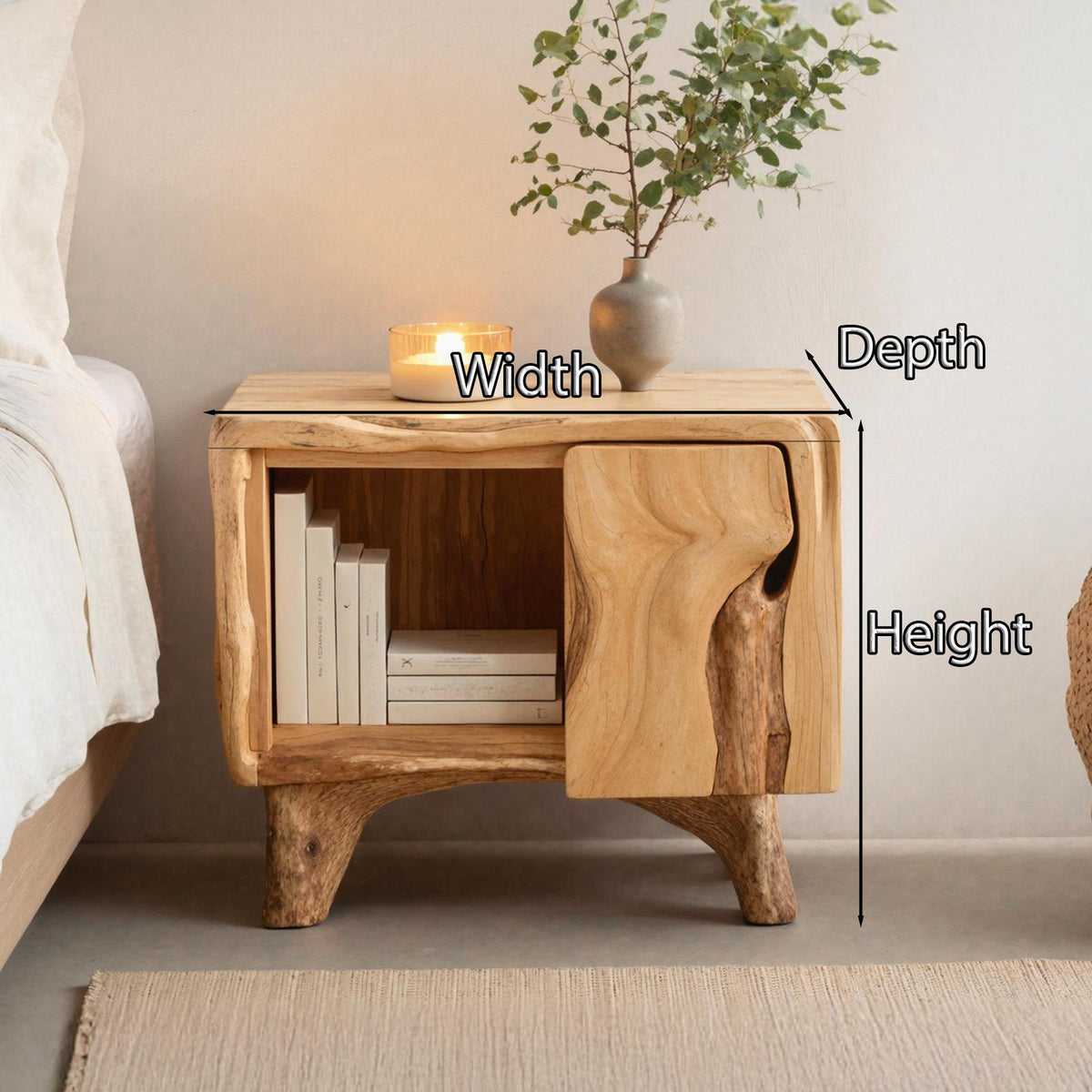 Mid-Century Live Edge Nightstand, Rustic Solid Wood Bedside Accent Table for Modern Bedroom Decor