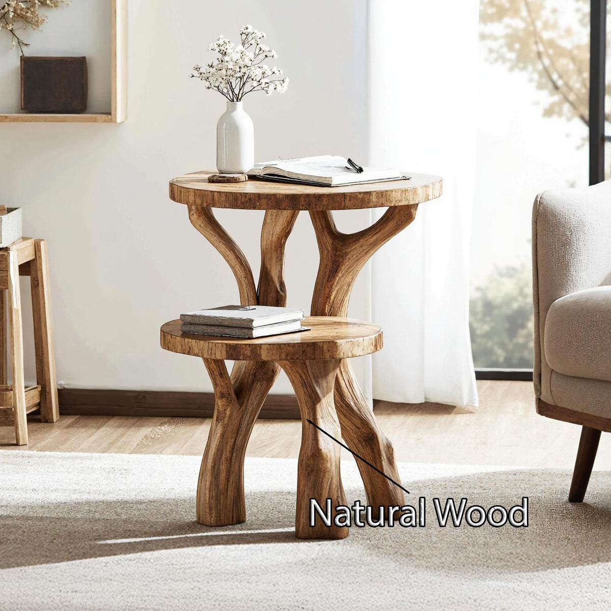 Handcrafted Live Edge Solid Wood End Table, Natural Slab Side Table & Nightstand for Living Room & Bedroom