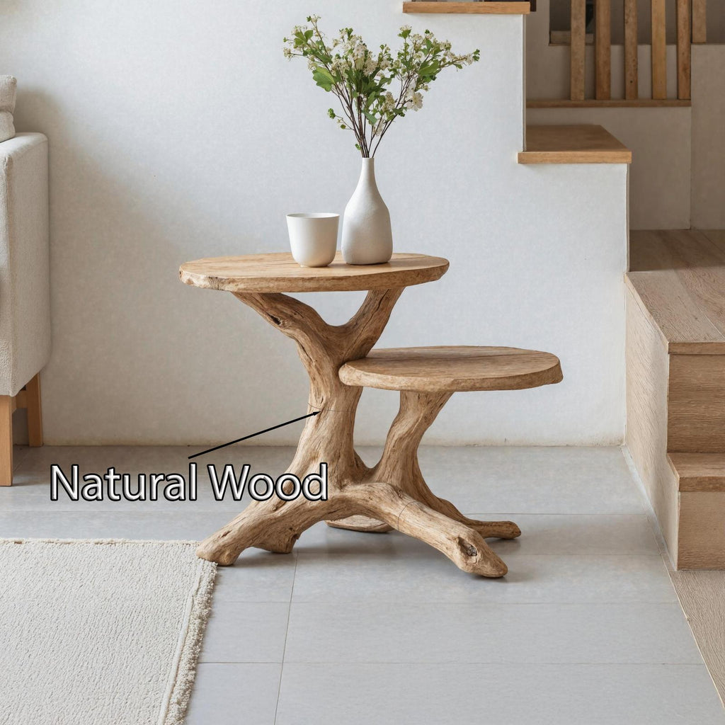 Mid Century Round Solid Wood End Table, Retro Handcrafted Side Table & Nightstand for Living Room Lounge