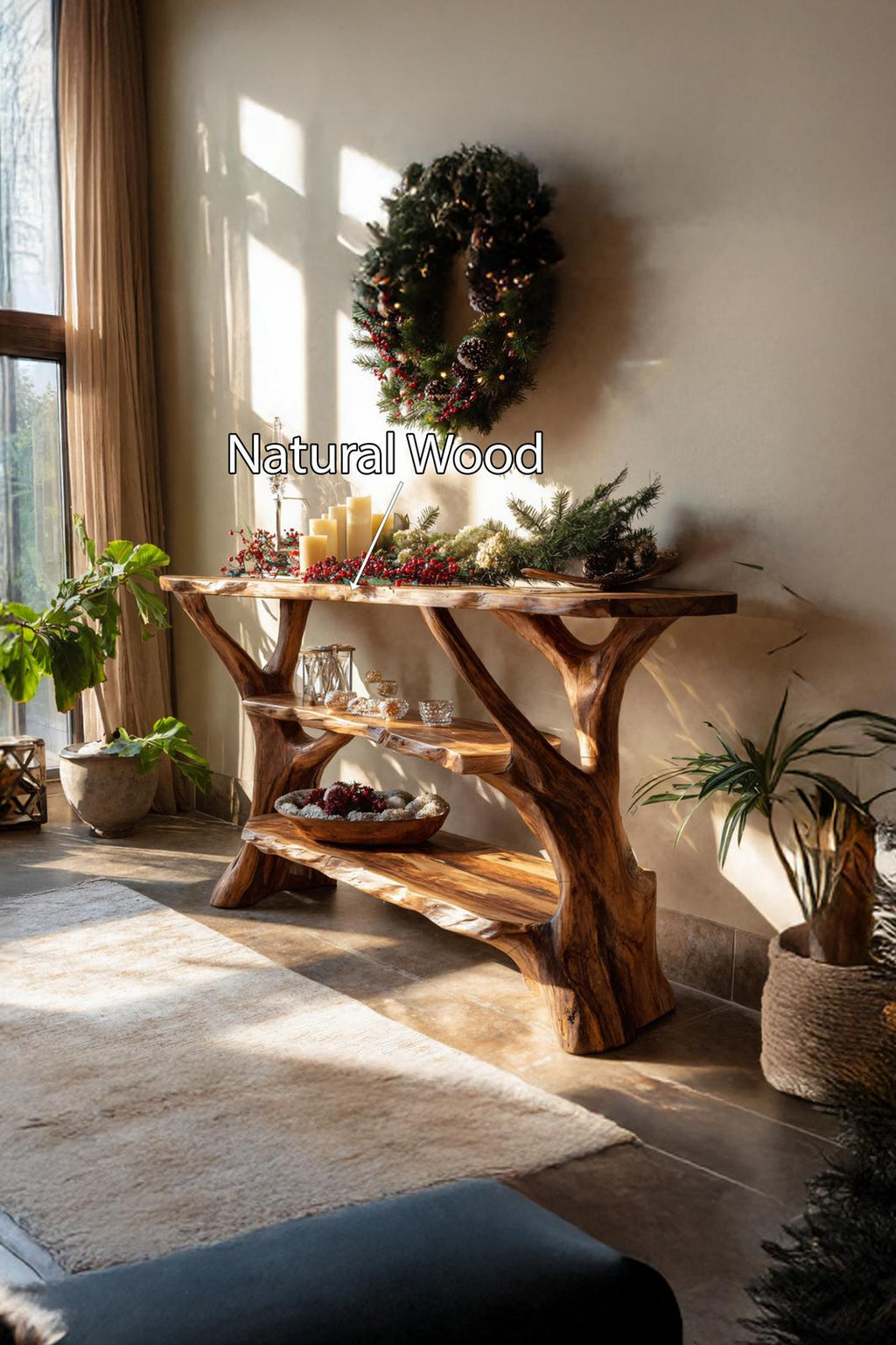 Mid-Century Rustic Live Edge Console Table, Solid Timber Slab Entryway Table, Retro Hallway Sofa Table