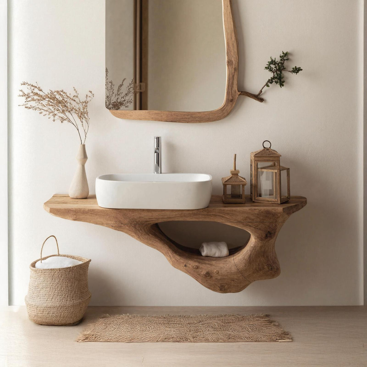 Spry Interior Mid Century Solid Wood Bathroom Furniture Set, Floating Shelves & Under Sink Vanity Cabinet Decor Storage, SILDTTNBAS008