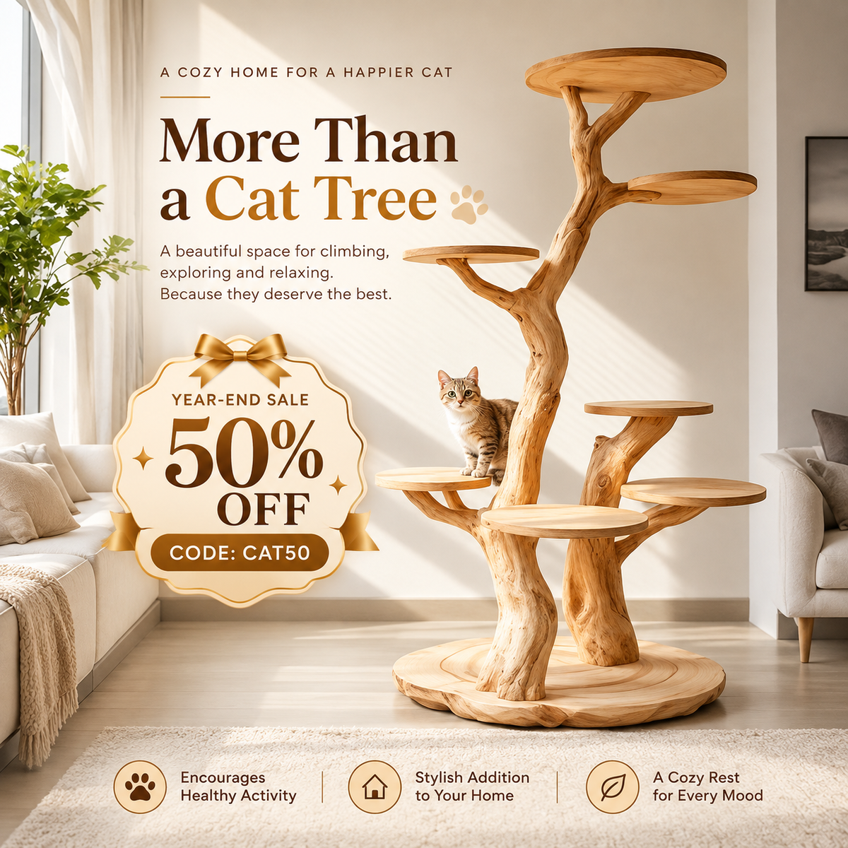 Rustic Natural Solid Wood Cat Tree Wooden  Stand Naturally Gift Cat SINLTT010