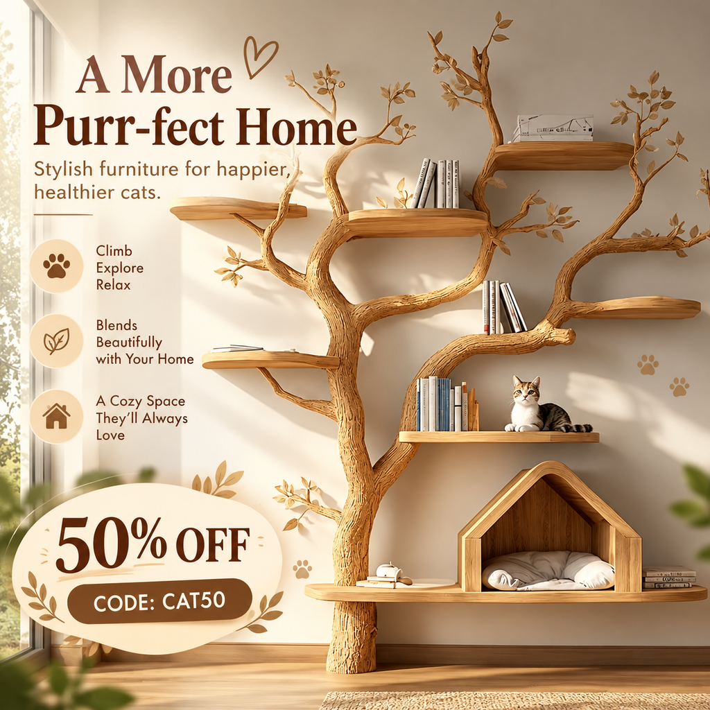Pet House Cat Tree Natural Wood Cat Furniture Gift Cat Love SINLTT011