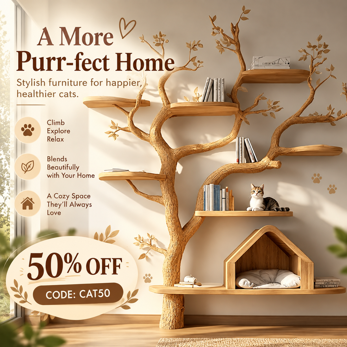 Pet House Cat Tree Natural Wood Cat Furniture Gift Cat Love SINLTT011