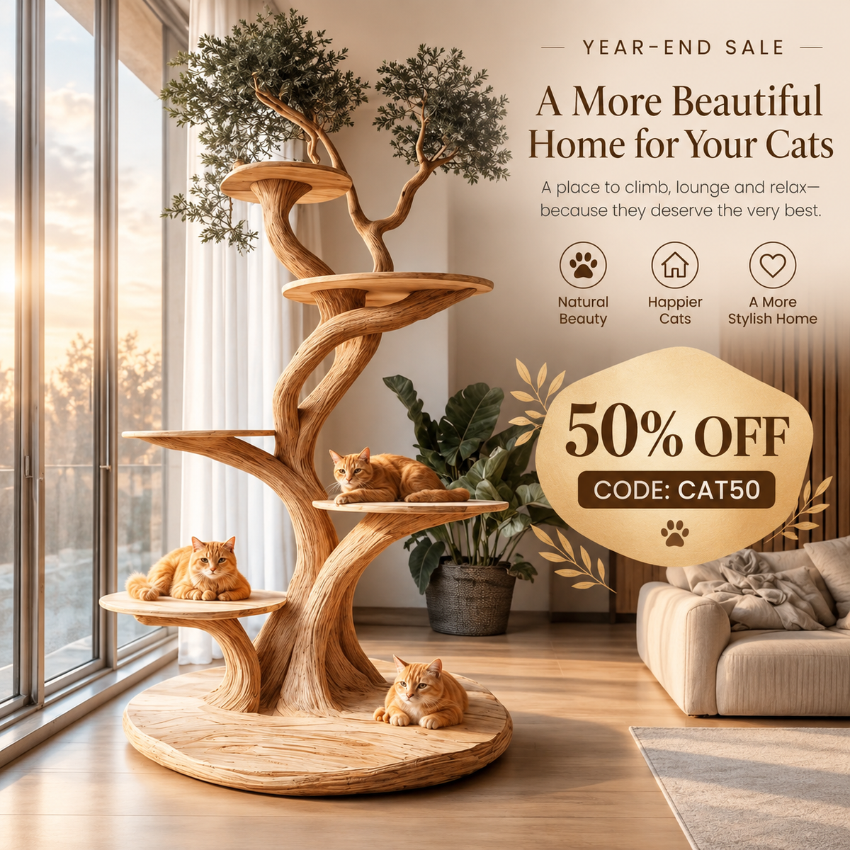 Custom Handmade Wooden Cat Tree Modern Large Climbing Tree Unique