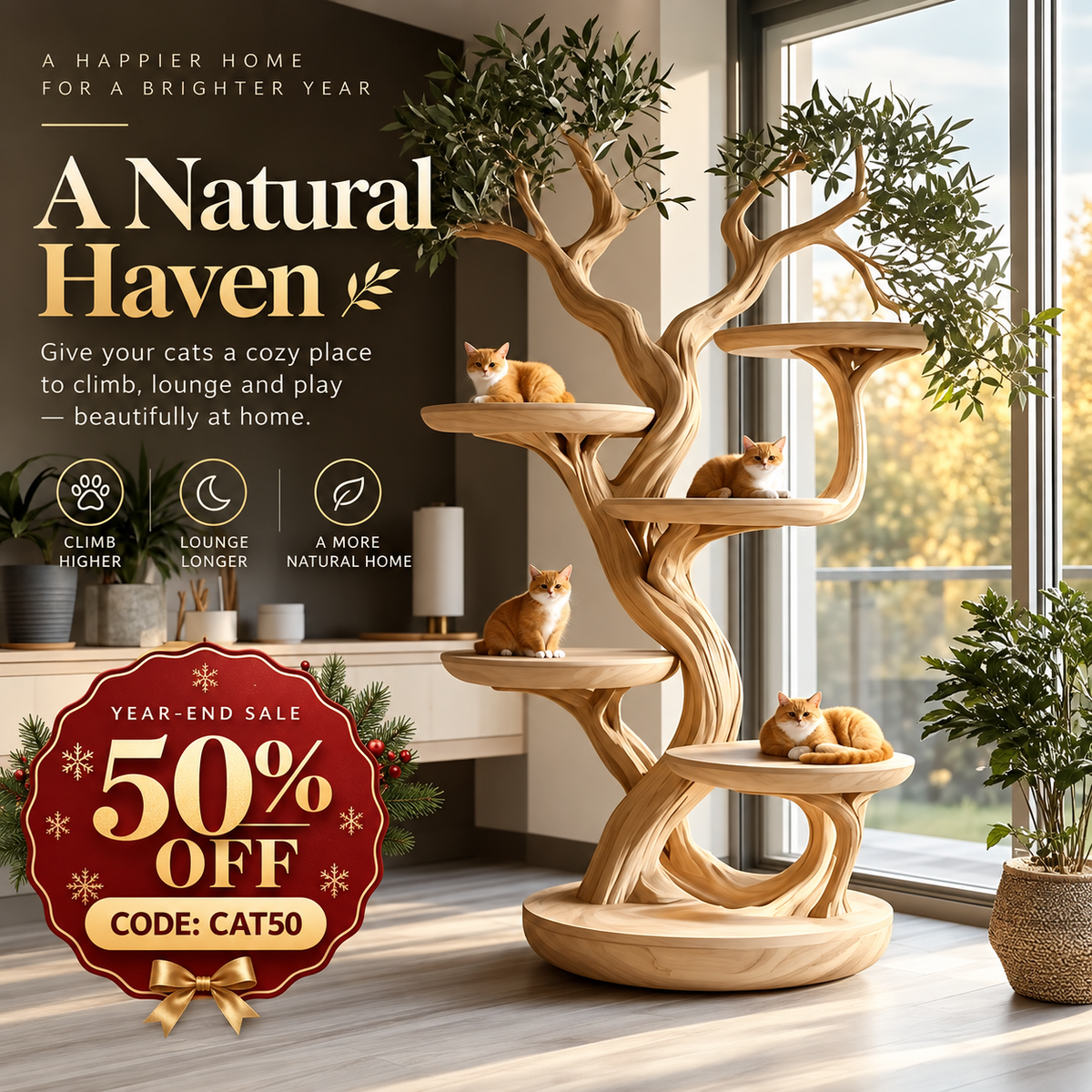 Rustic Solid Wood Cat Tree Handmade Stand Naturally Gift Cat