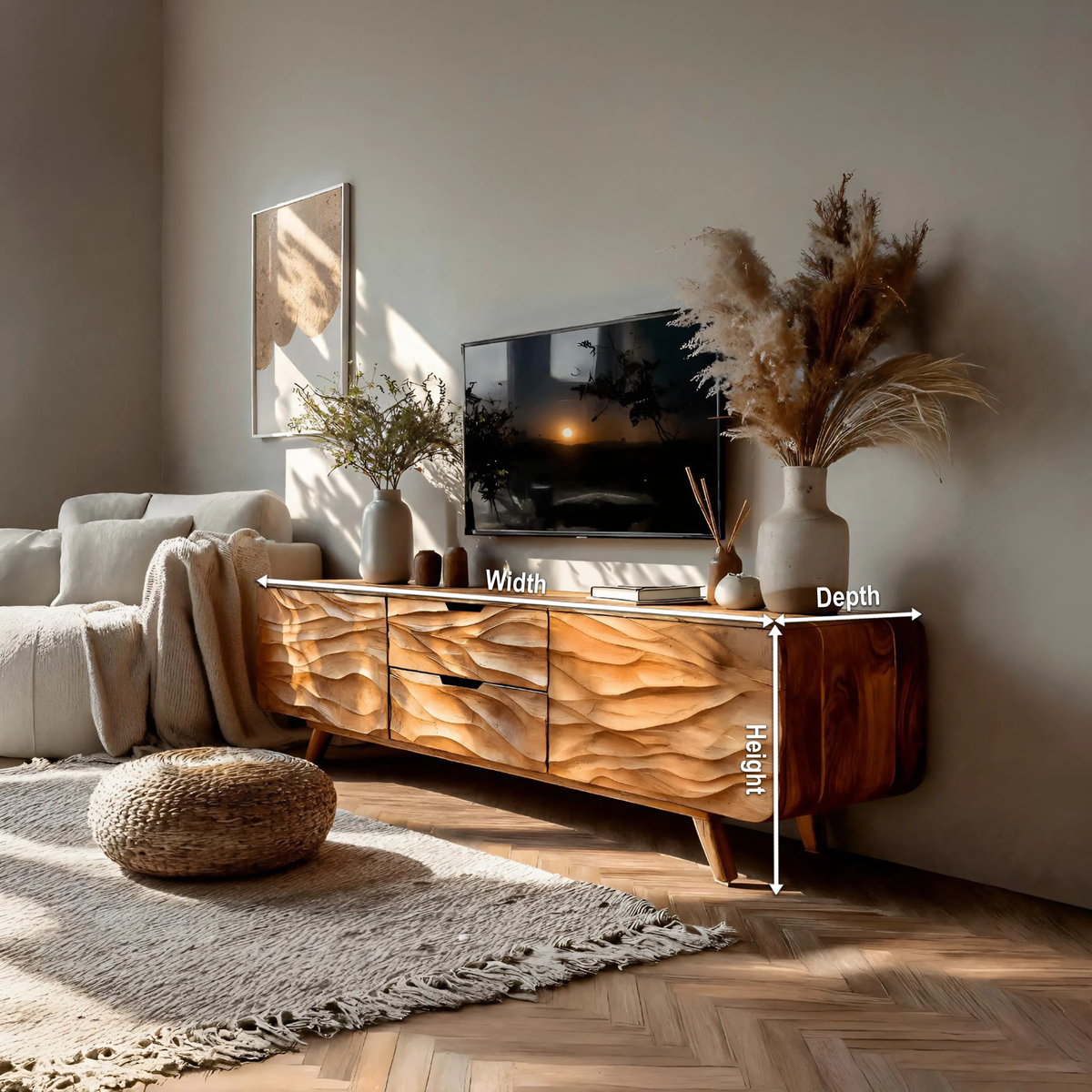Handcrafted Wooden TV Stand with Stylish Storage Cabinets, Modern Artisan Media Console for Living Room