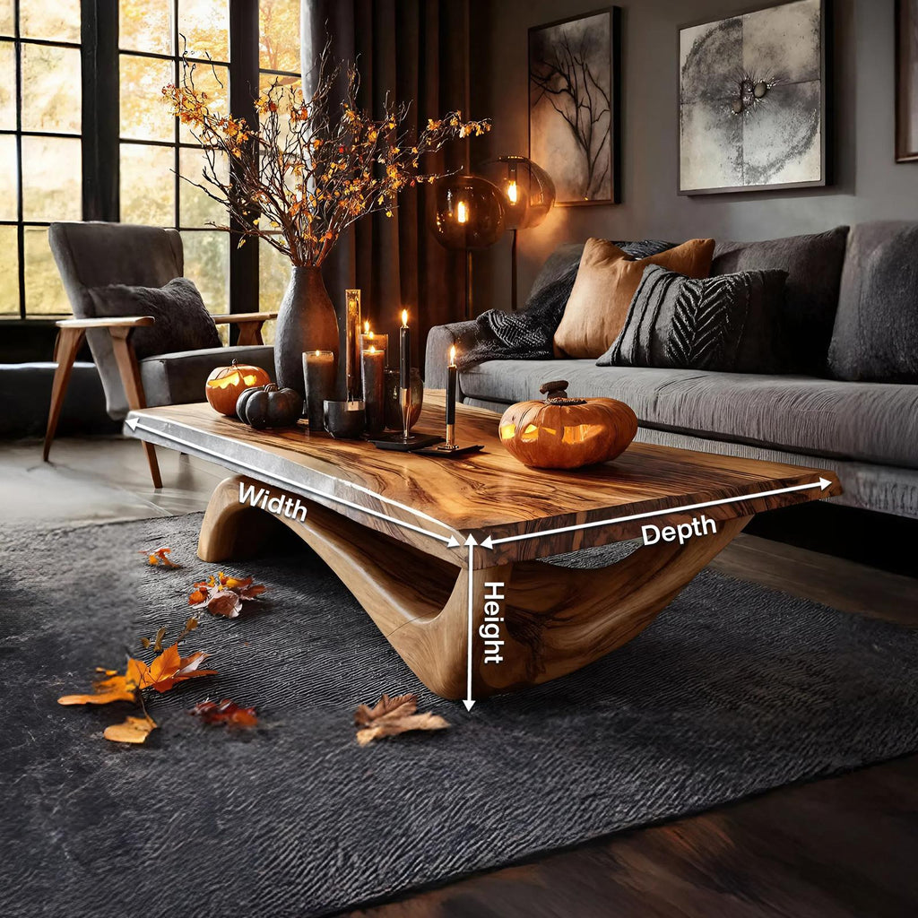 Modern Solid Wood Coffee Table, Spooky Haunted Style Live Edge Wooden Table Top for Halloween Living Room Decor