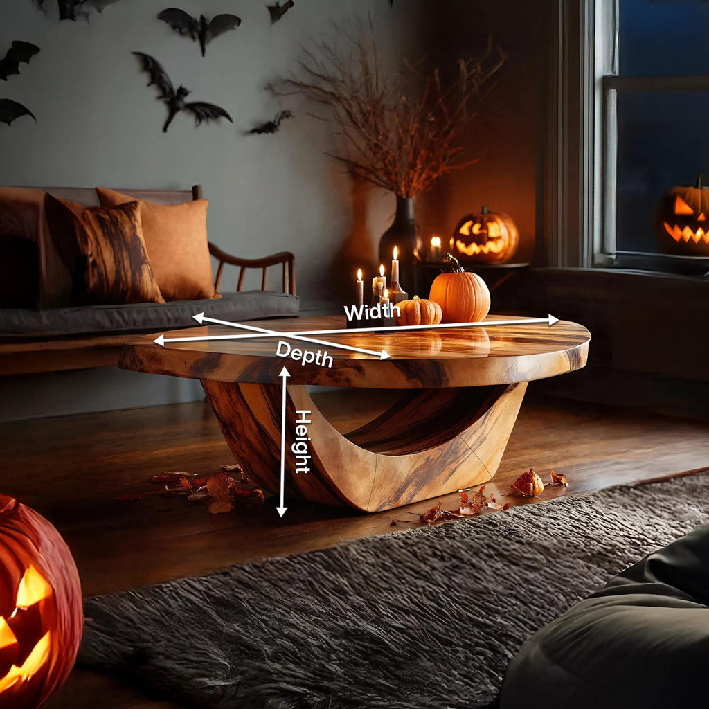 Modern Solid Wood Coffee Table, Ghostly Halloween Style Sculptural Live Edge Accent Table for Living Room