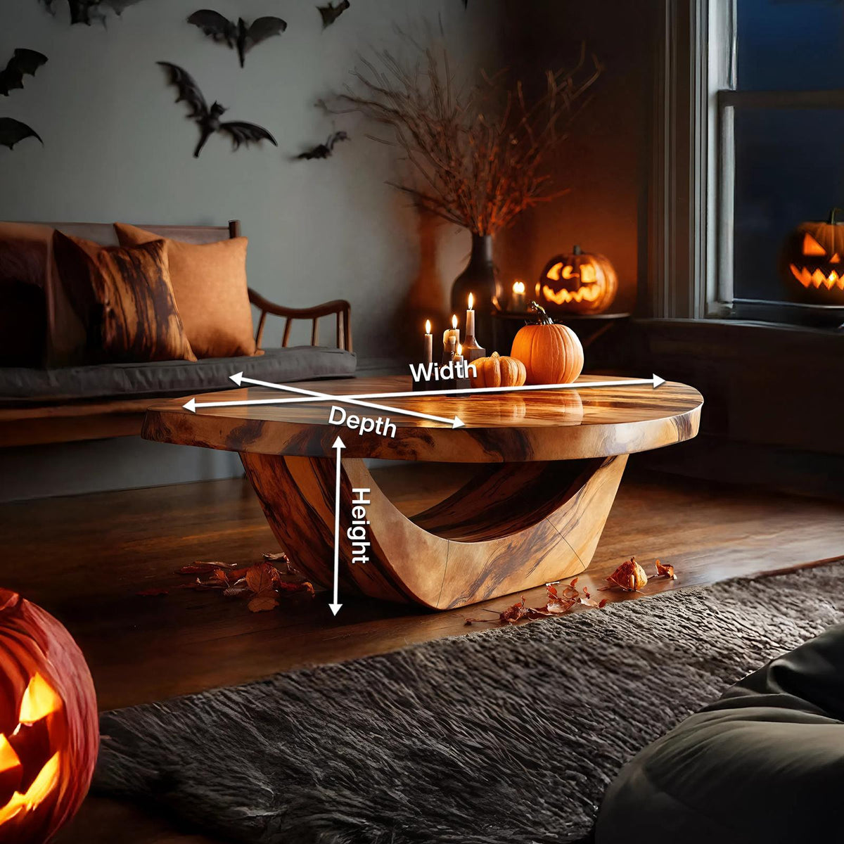 Modern Solid Wood Coffee Table, Ghostly Halloween Style Sculptural Live Edge Accent Table for Living Room