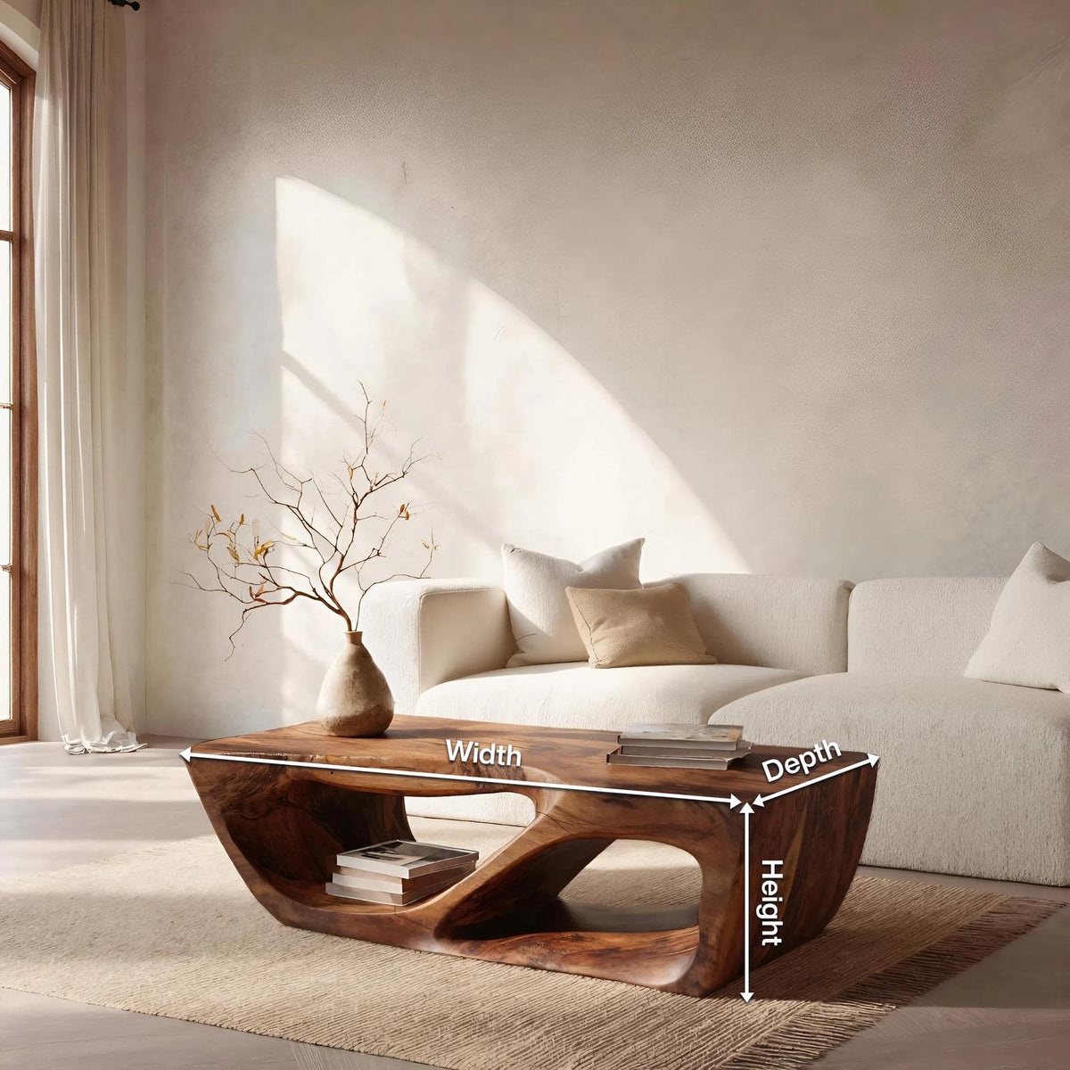 Modern Wooden Coffee Table with Curved Storage Shelf, Low Profile Minimalist Center Table for Living Room, Model
